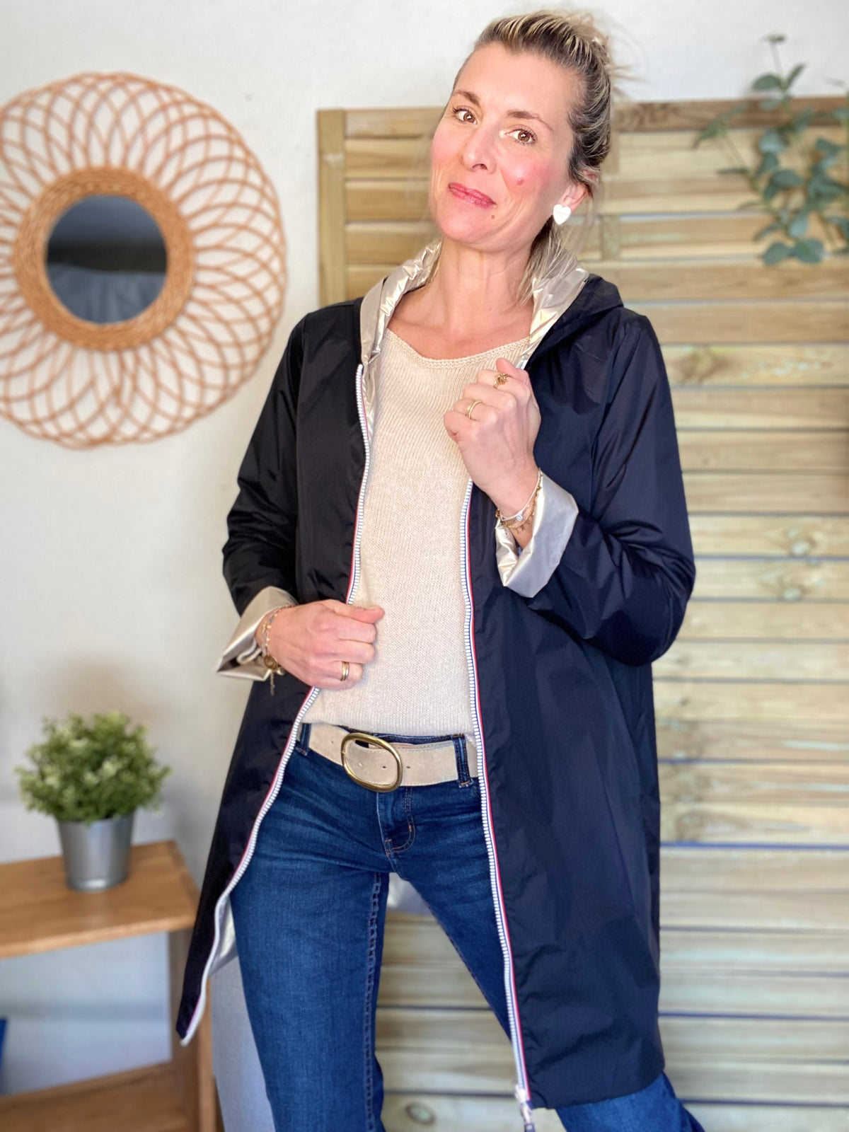 LAURA JO - Imperméable réversible léger GARANCE LONG - Noir/Doré • DESTOCKAGE sur Taille S