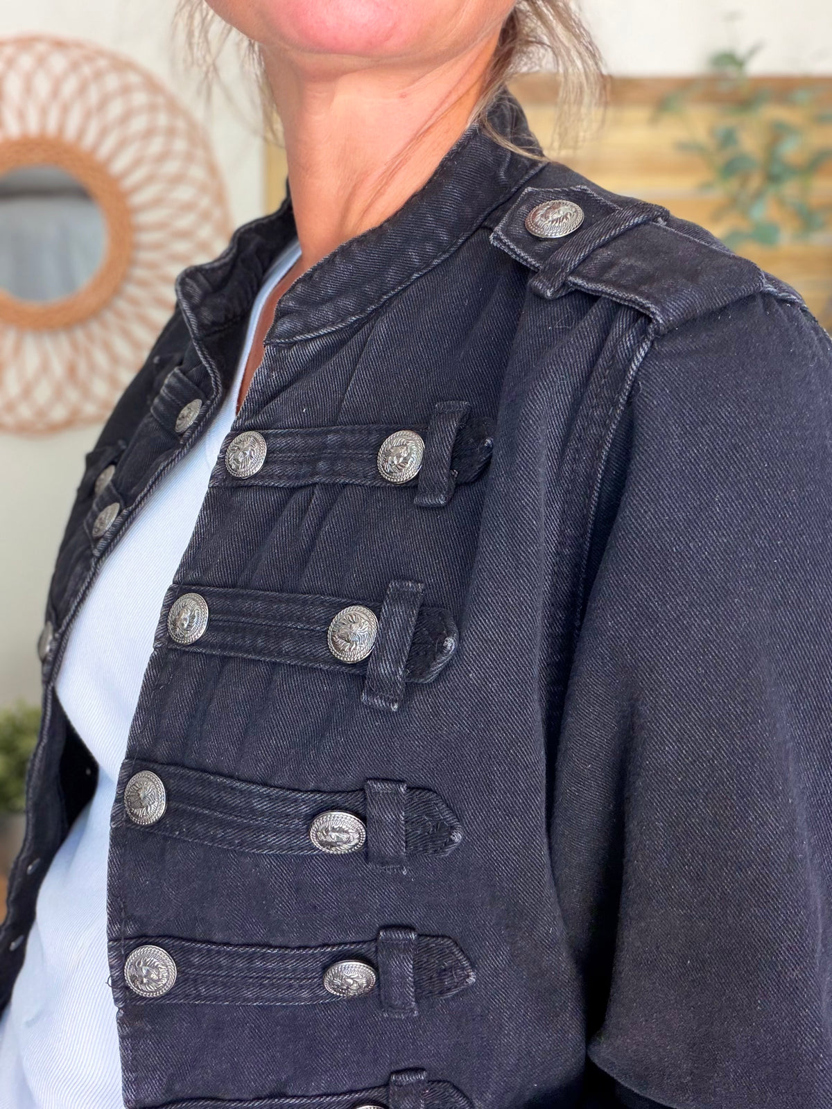 Veste officier courte en jean NAPOLÉON - Noir • DÉSTOCKAGE