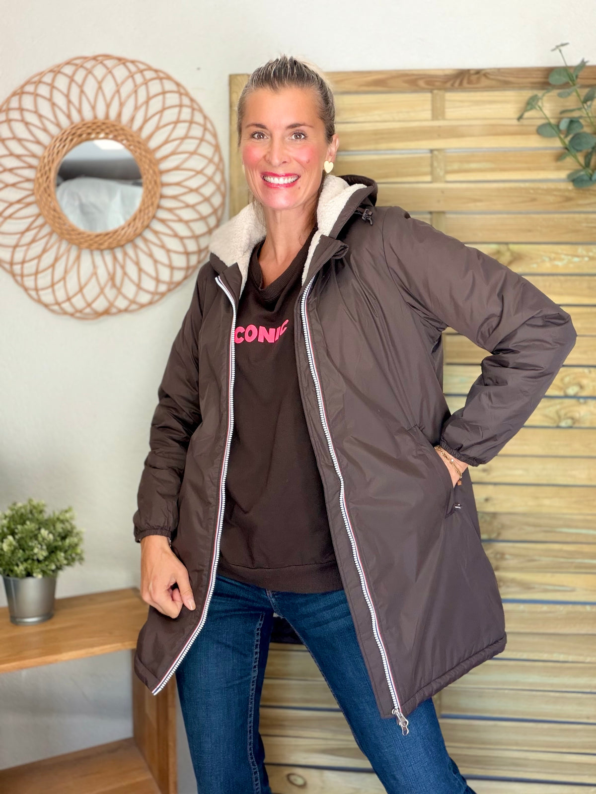 LAURA JO - Parka Imperméable LOUISE LONG Sherpa écru - Chocolat