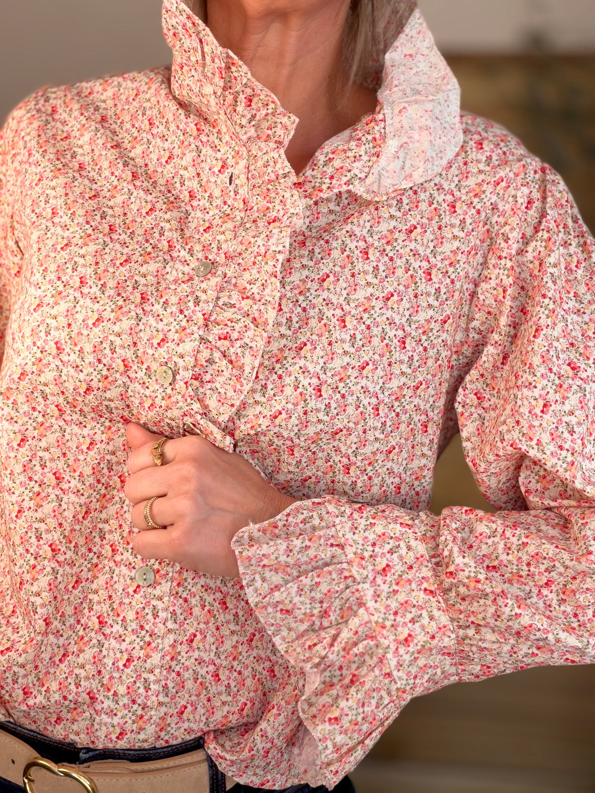 Chemise imprimée Liberty col volanté HÉLOÏSE - Rouge rosé - FIN DE SÉRIE
