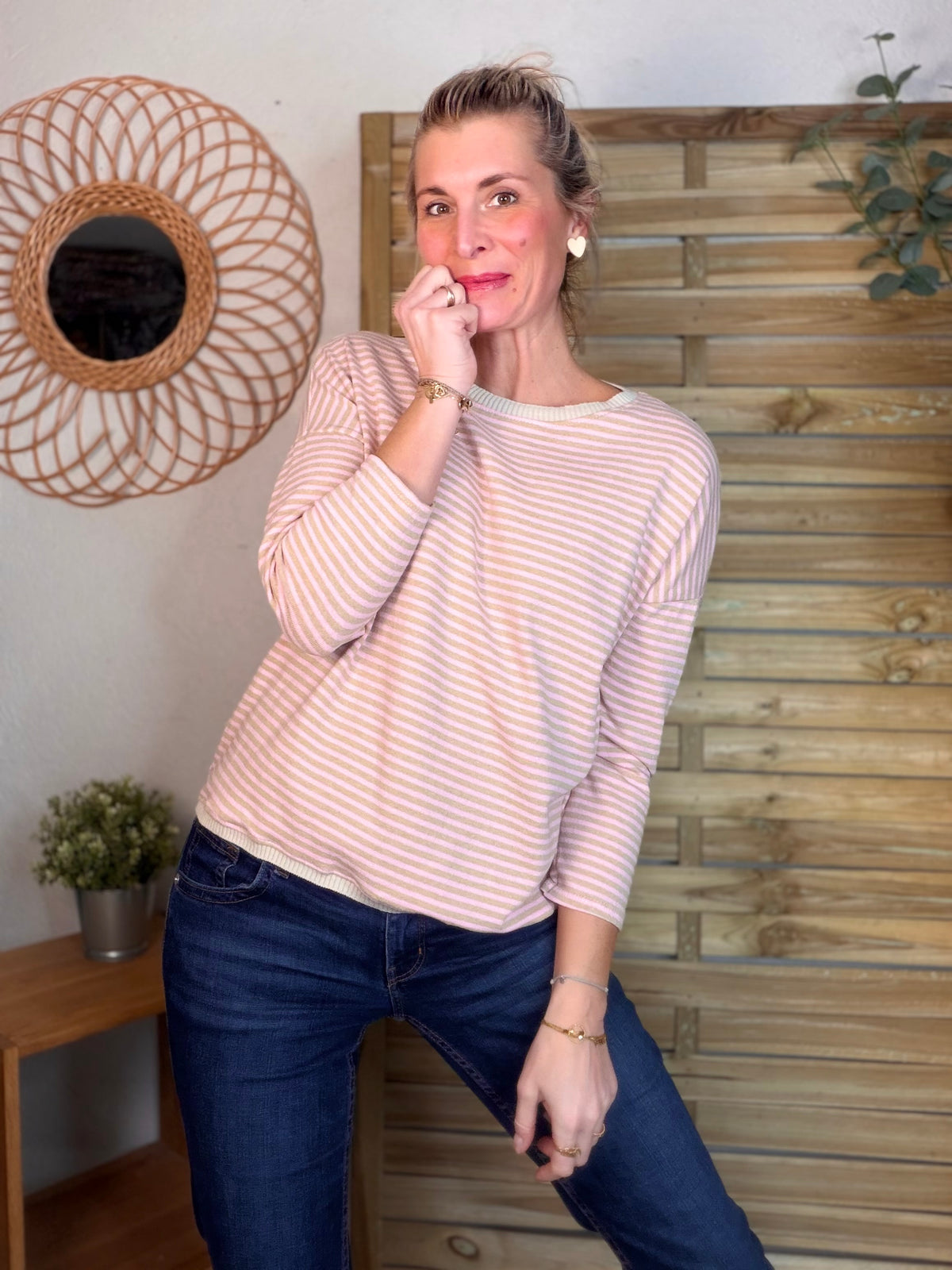 Pull fin rayé ample ROMANE - Rose/Taupe - FIN DE SÉRIE
