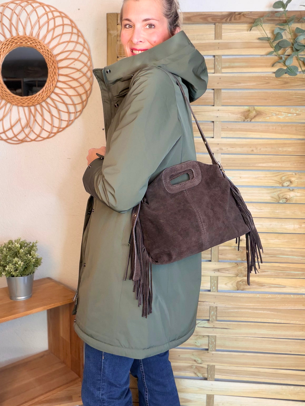 Sac en cuir daim avec franges LOGAN - Chocolat