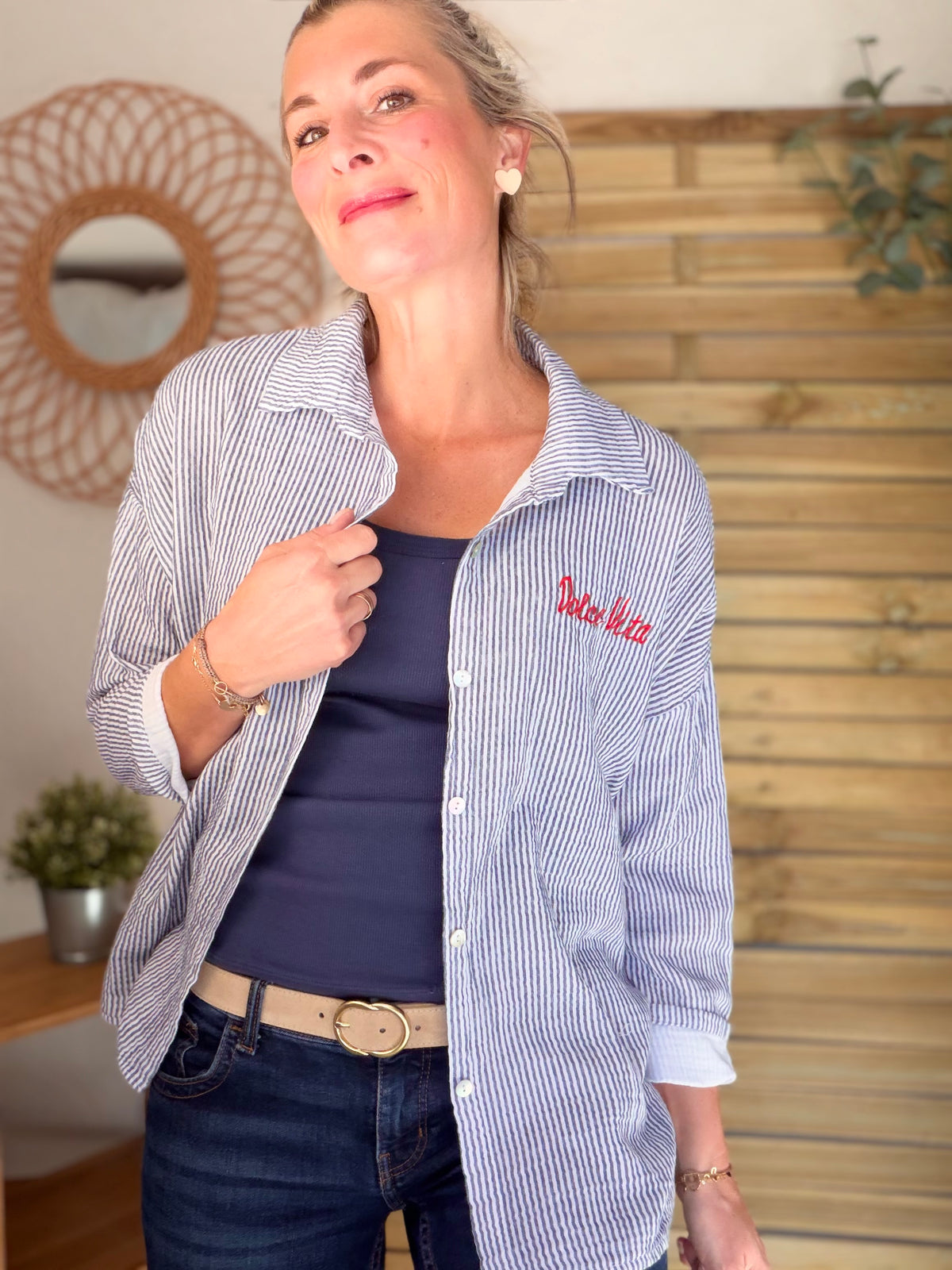 Chemise en gaze de coton brodé Dolce Vita LEÏLA Bleu