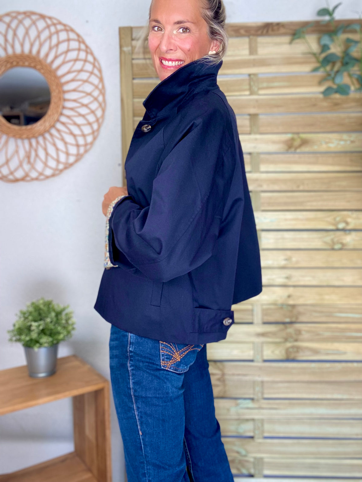 Veste Trench en coton bleu marine avec Liberty - MAHAUT- LILI et LALA