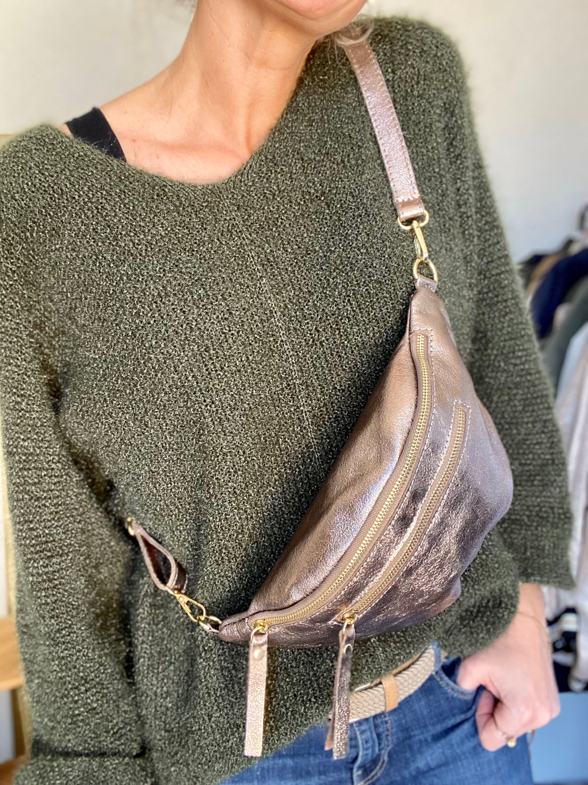 Sac banane en cuir irisé double poche - ERYN fronces - Bronze