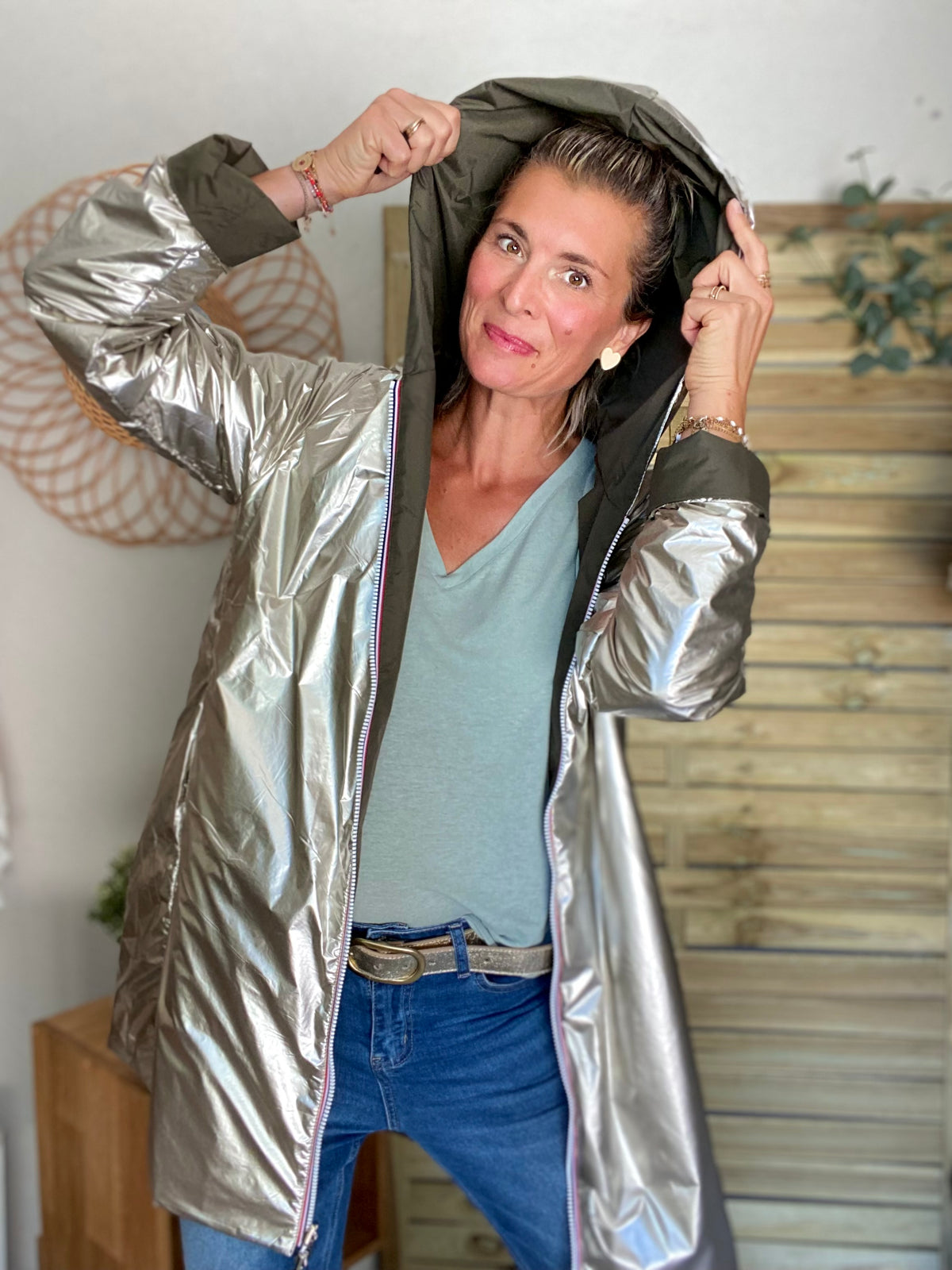 LAURA JO - Imperméable réversible rembourré LOUISON LONG - Kaki/Doré
