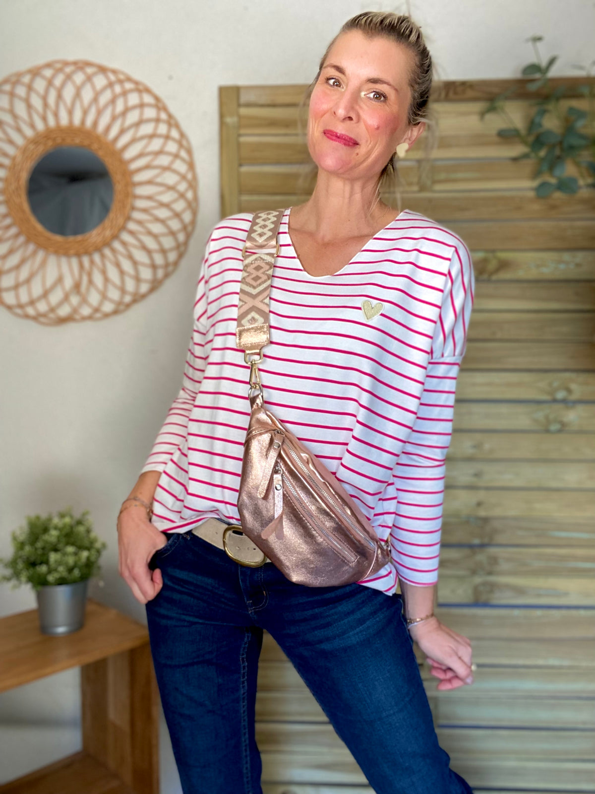 Pull fin rayé col V avec ou sans coeur doré 💛 NOLWENN - Rose fuschia
