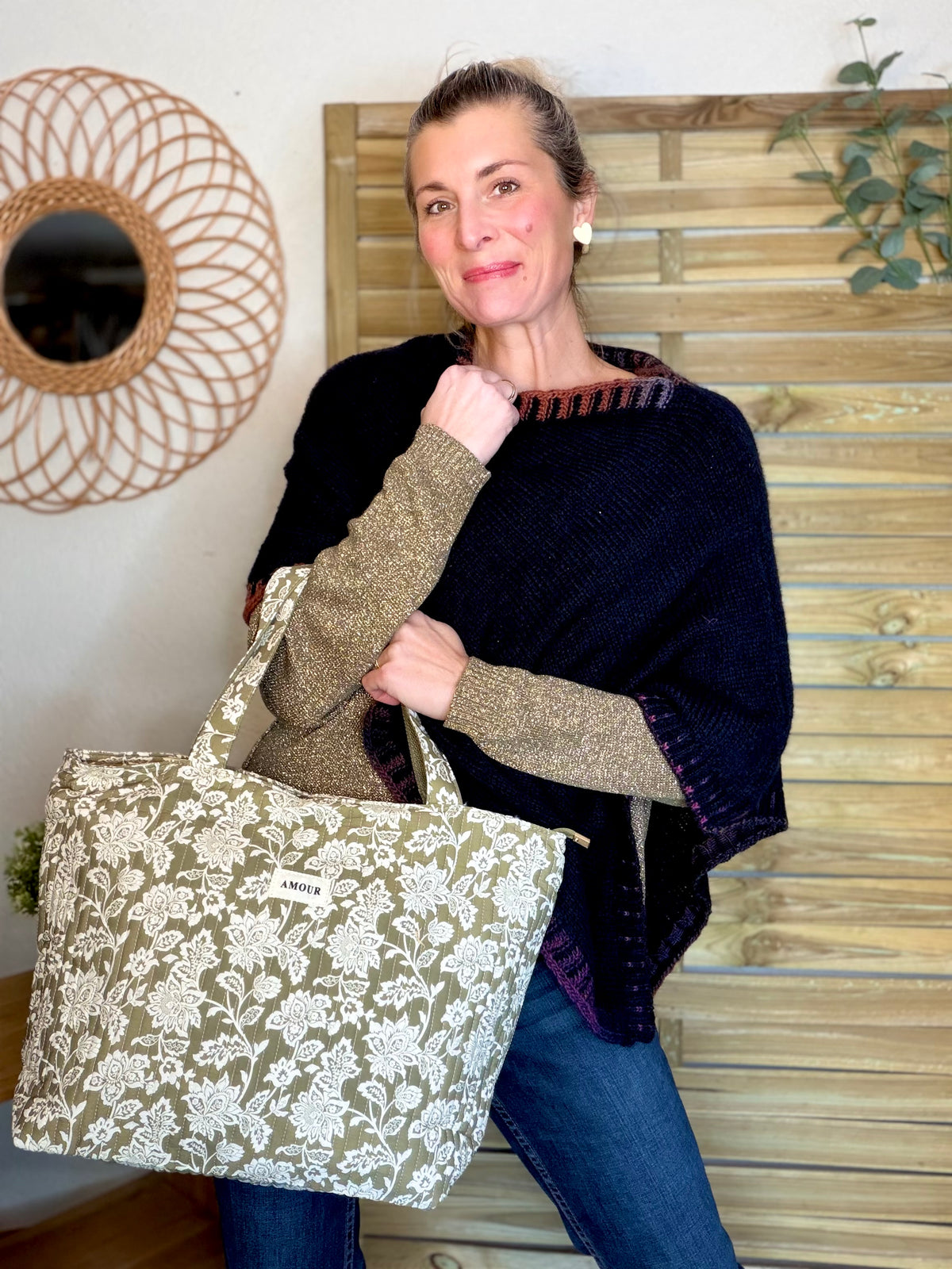 Sac cabas imprimé PIERCE - fleuri Kaki - FIN DE SÉRIE