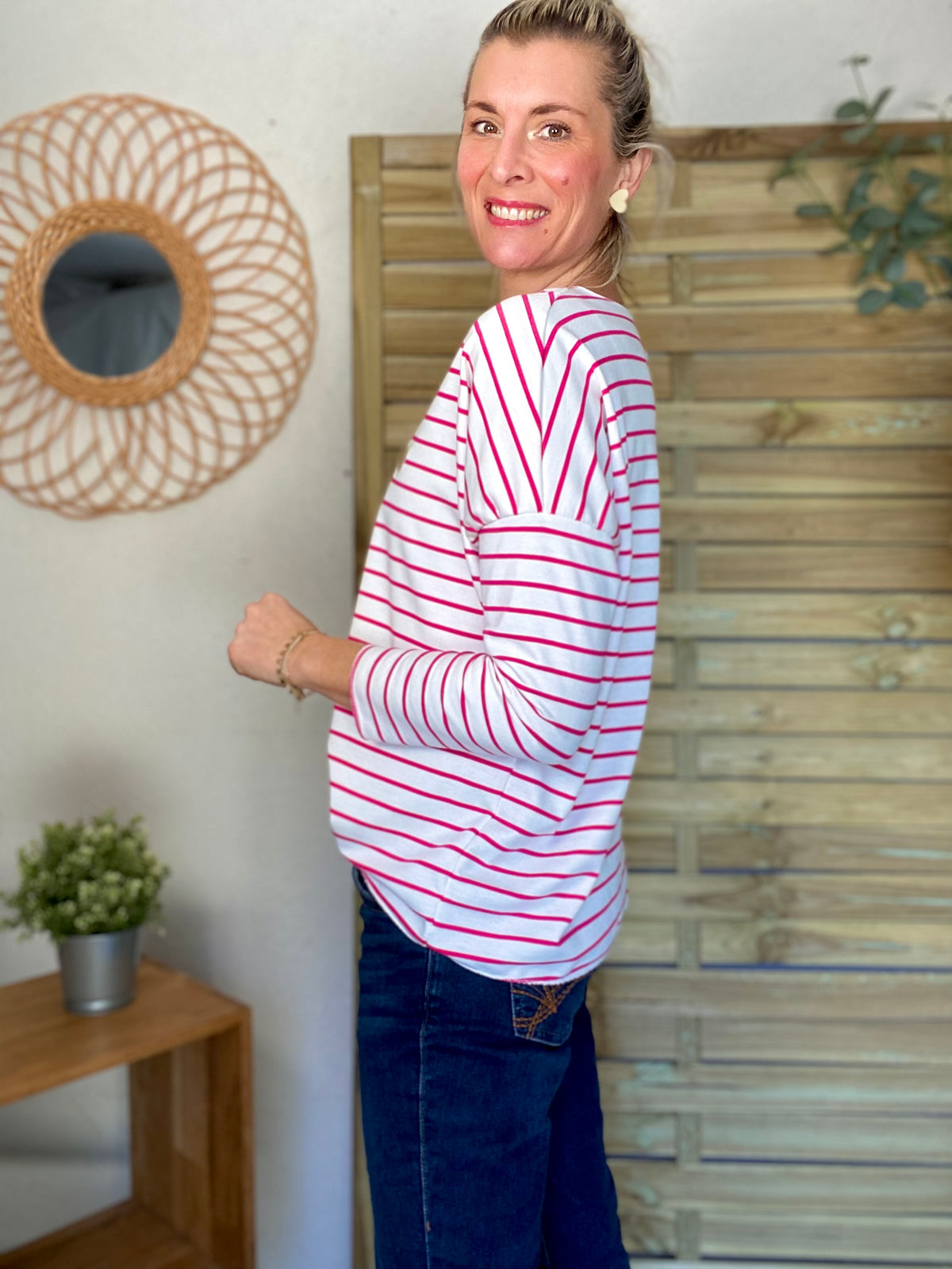 Pull fin rayé col V avec ou sans coeur doré 💛 NOLWENN - Rose fuschia