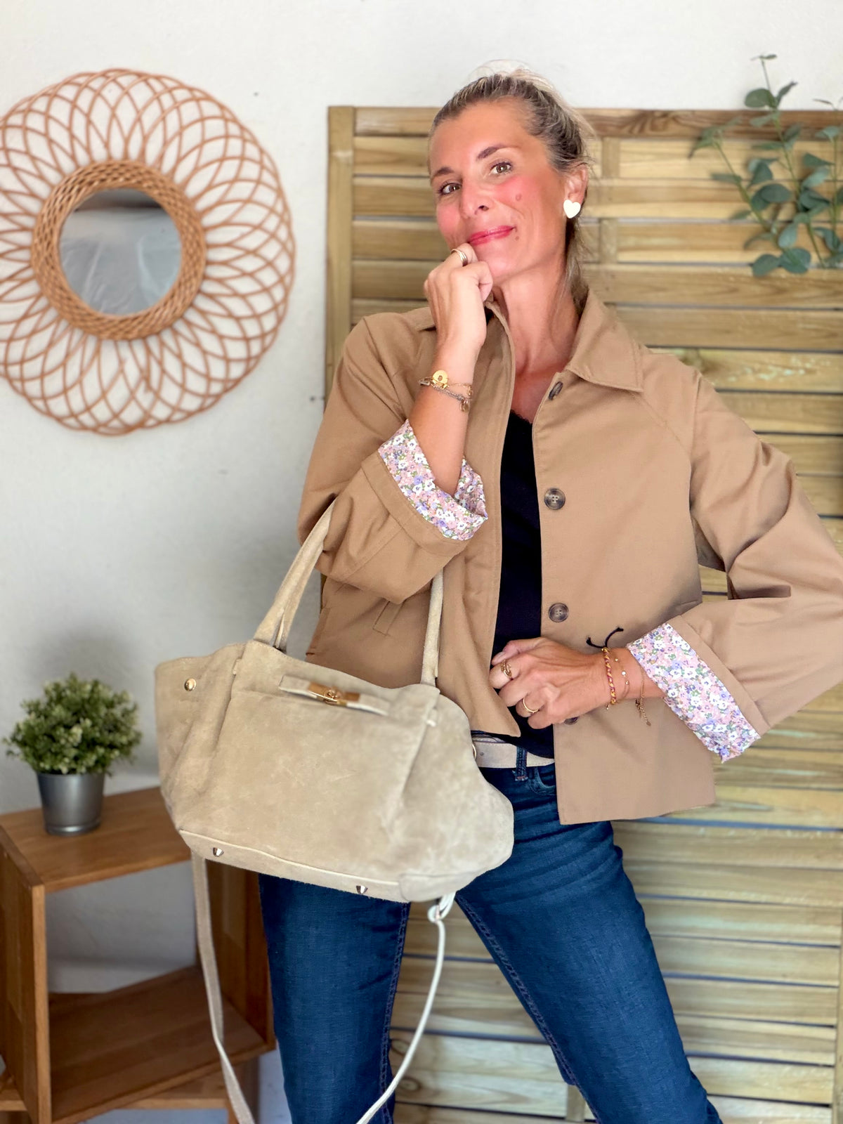 Sac cabas en cuir daim HANA - Beige