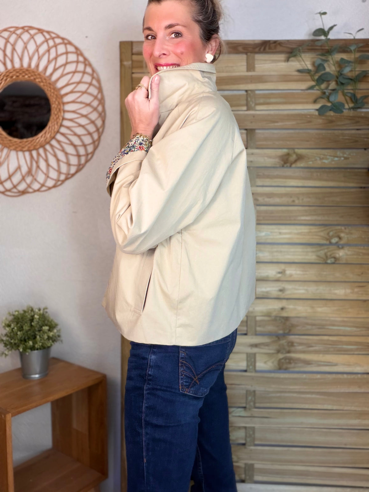 Veste Trench en coton beige avec Liberty - MARION (Taille 2 ans à la Taille XL)