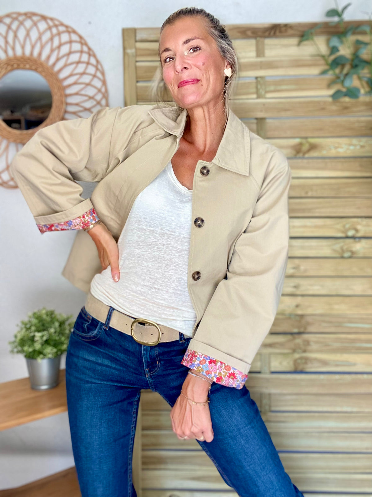Veste Trench en coton beige avec Liberty - MAHAUT - LILI et LALA