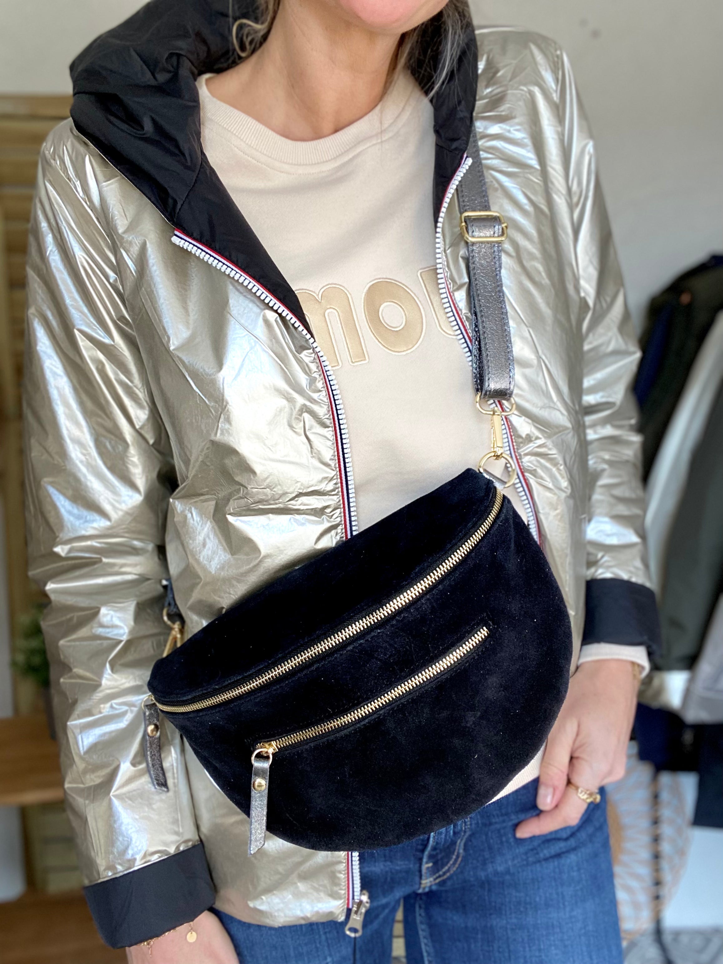Sac banane XL 2 zips en cuir velours et irisé 30cm TERRY - Noir