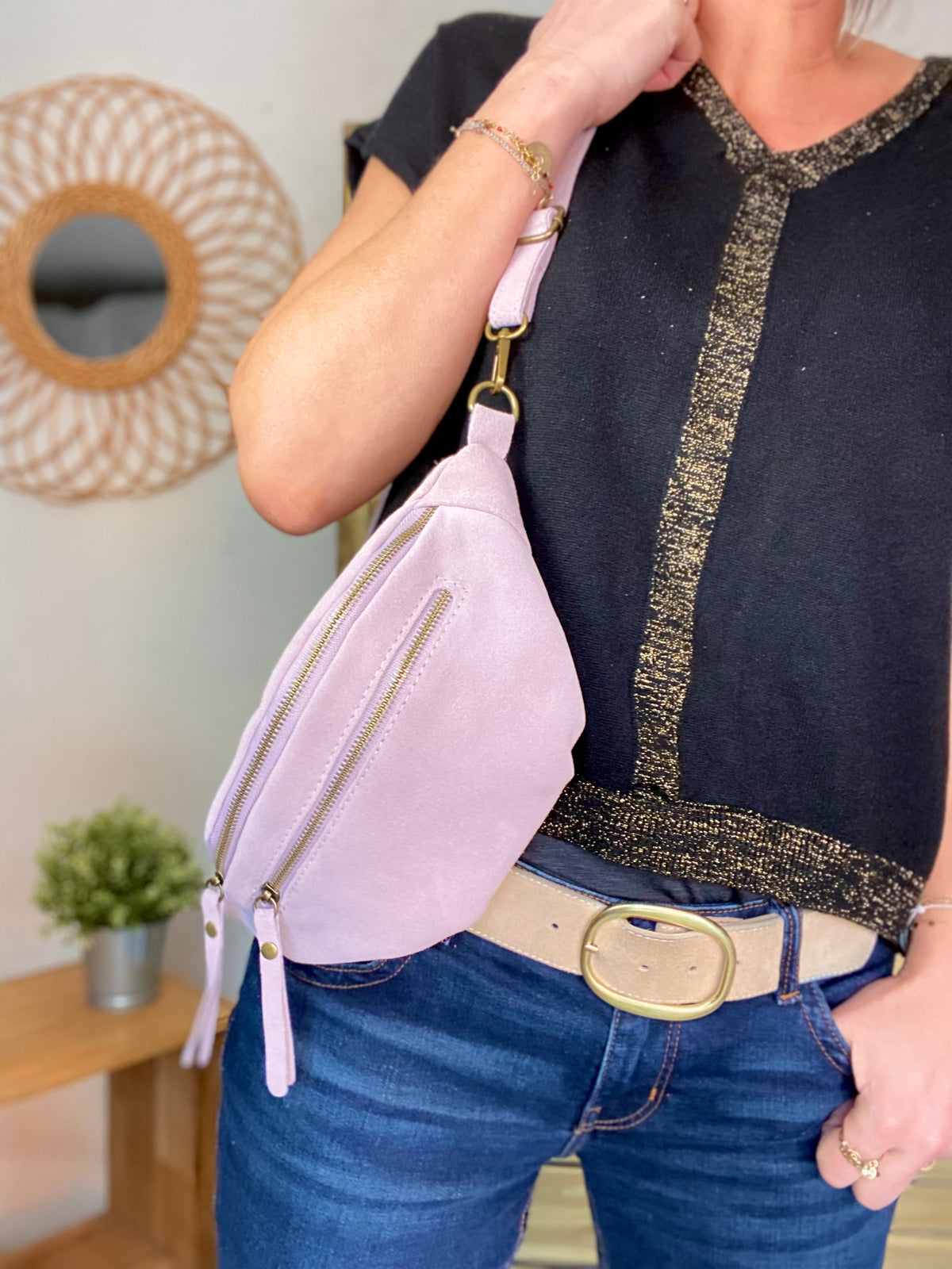 Sac banane double poche en cuir daim - OPALINE - Lilas