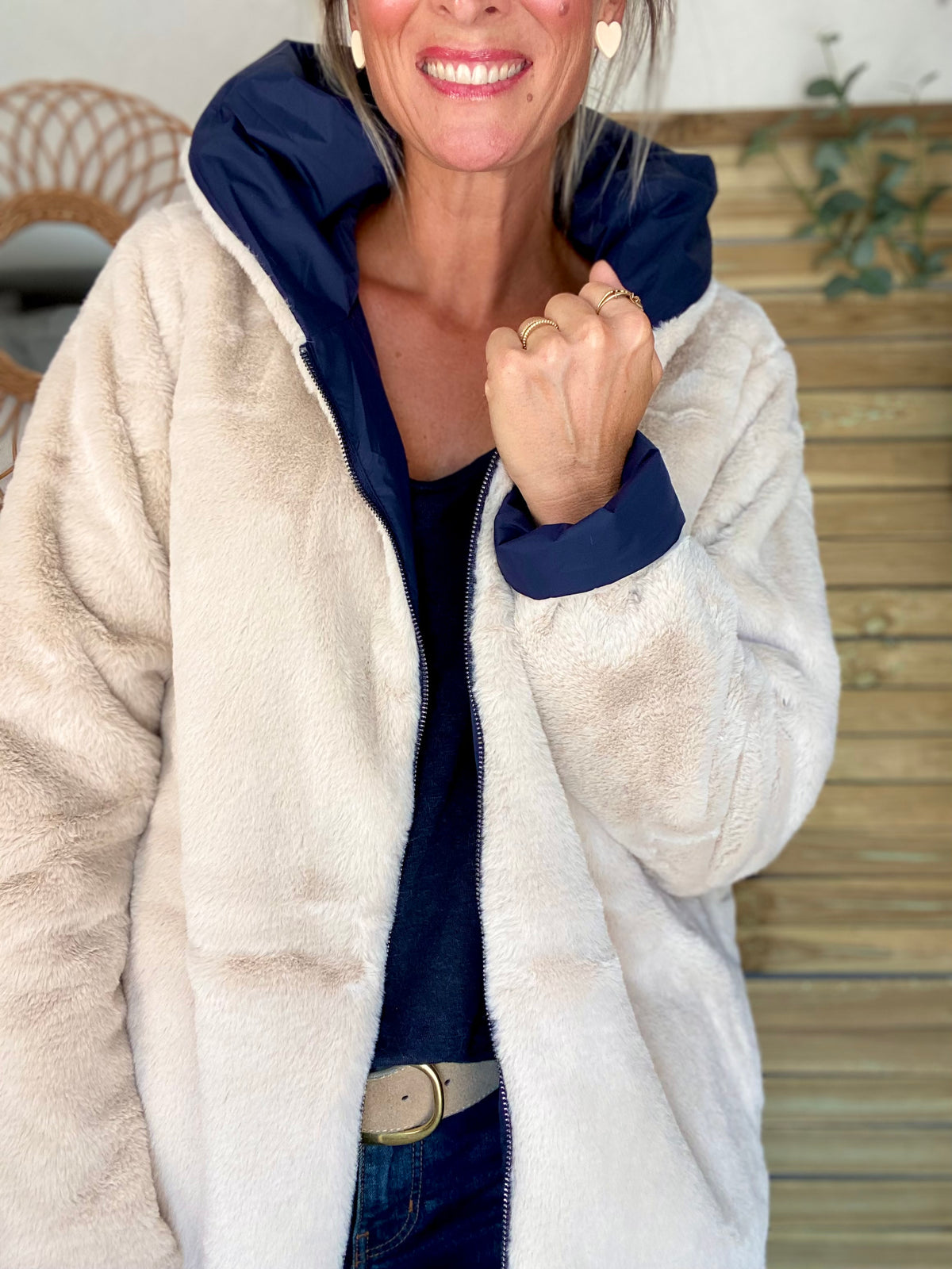 LAURA JO - Parka Imperméable réversible fourrée Bleu marine / Beige ALIX Long