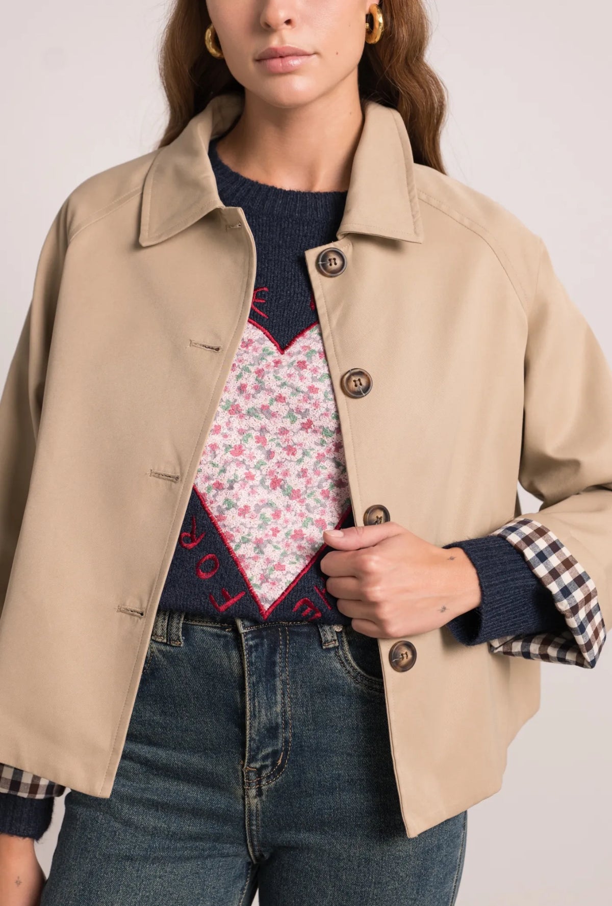Veste Trench en coton, revers carreaux - YSEULT court Beige