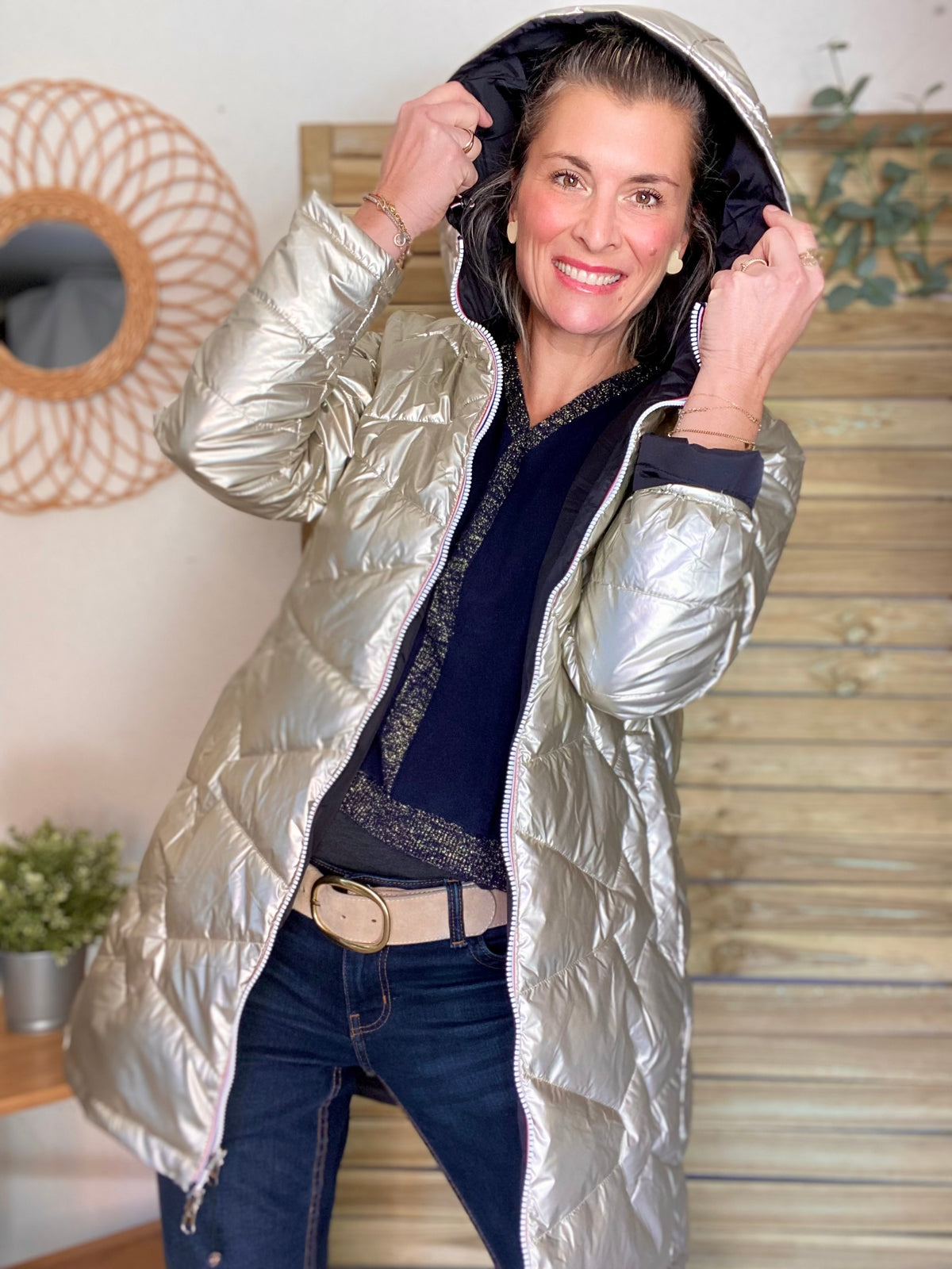 LAURA JO - Doudoune réversible imperméable longue INÈS - Noir / Doré - FIN DE SÉRIE