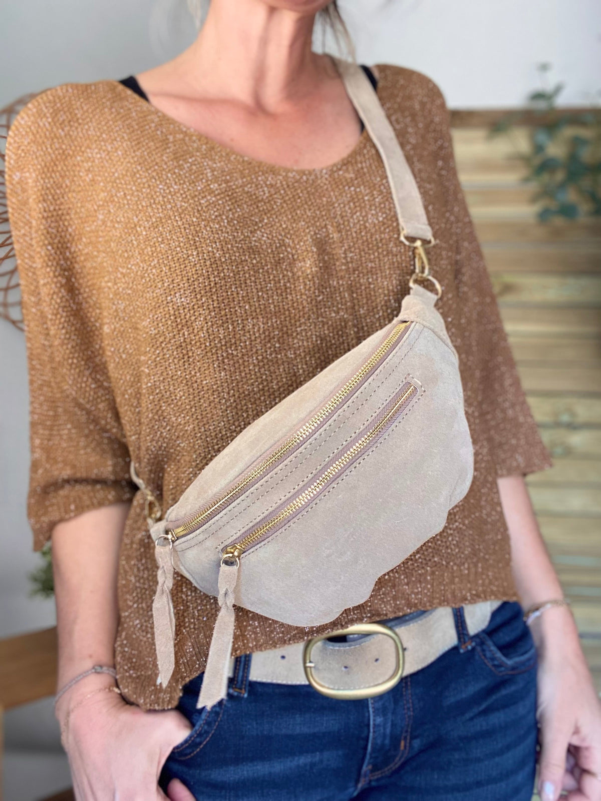 Sac banane double poche en cuir daim - OPALINE - Beige