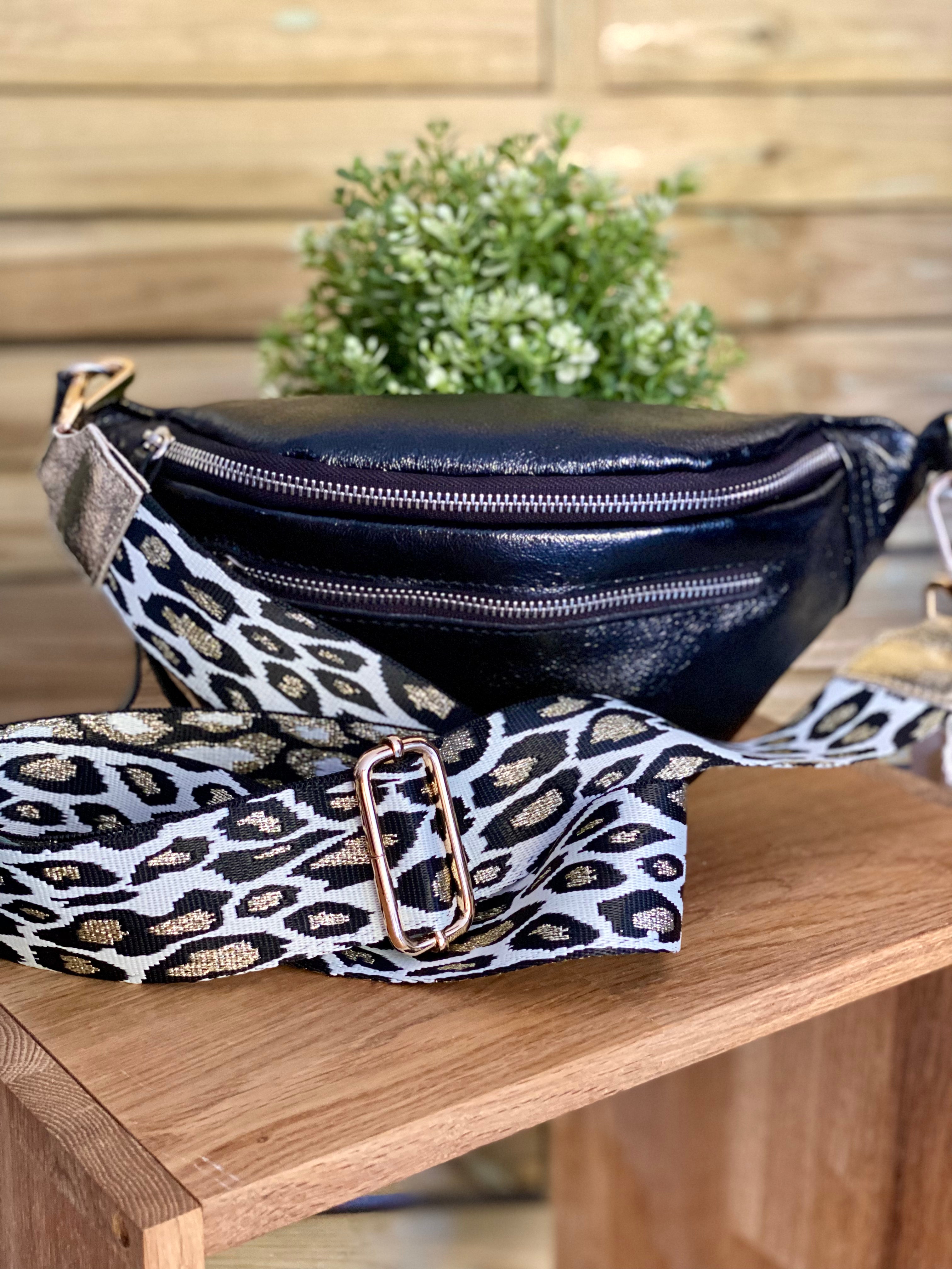 Sac banane en cuir irisé double poche - OPALE - Noir / Argent