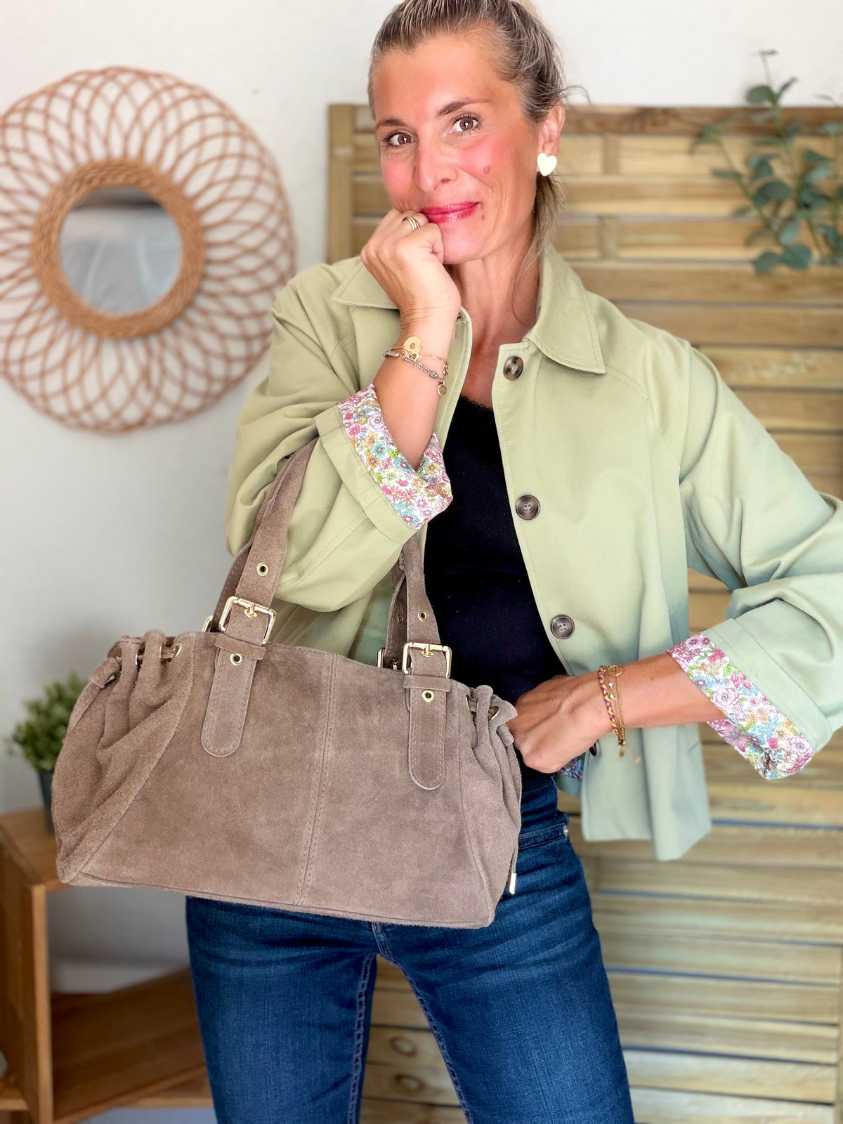 Sac à main en cuir daim GERY - Taupe