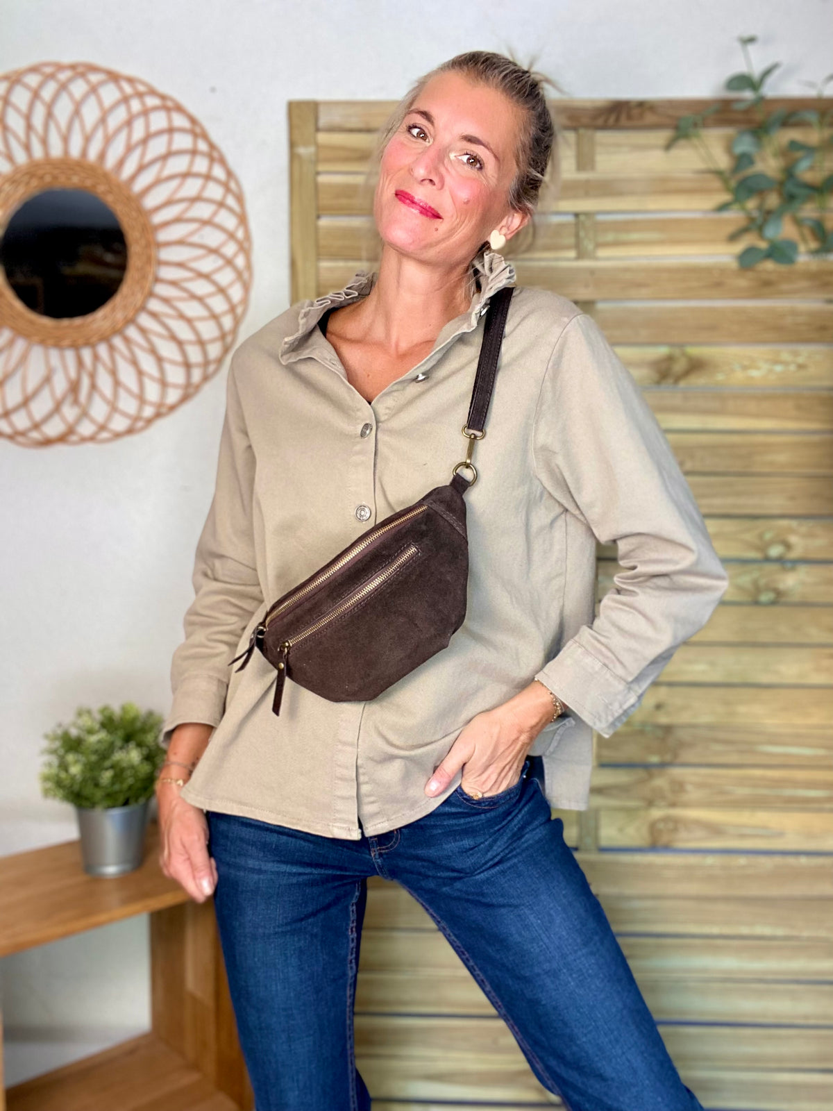 Sac banane double poche en cuir daim - OPALINE - Chocolat