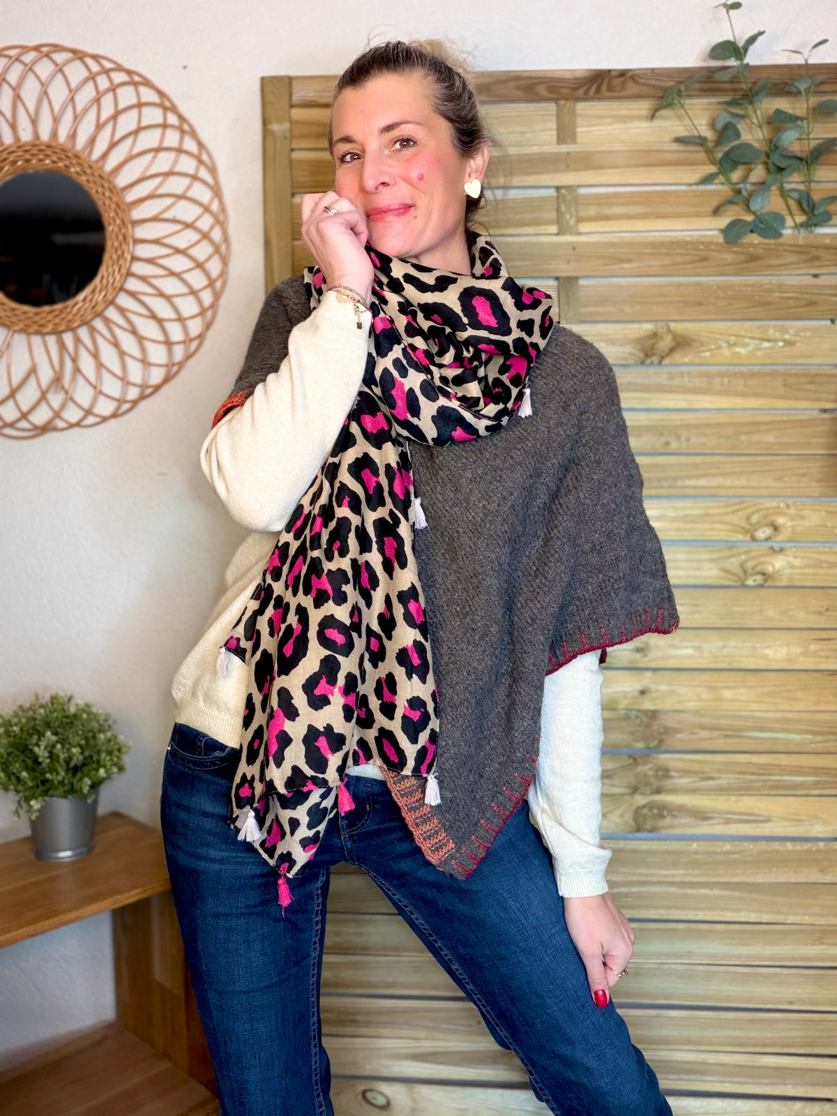 Foulard Léo CLEM - Beige / Fuschia 🐆