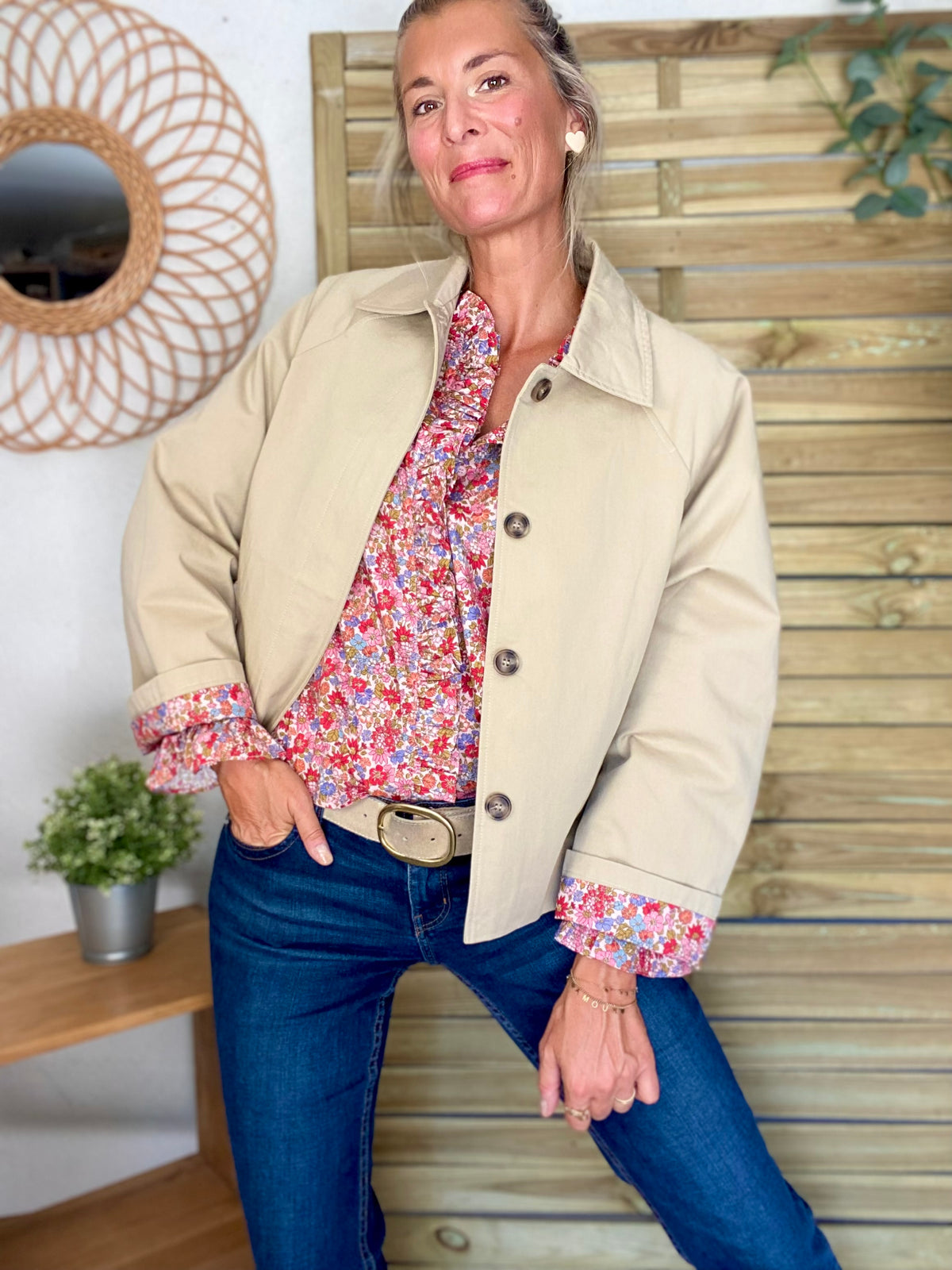 Veste Trench en coton beige avec Liberty - MAHAUT - LILI et LALA