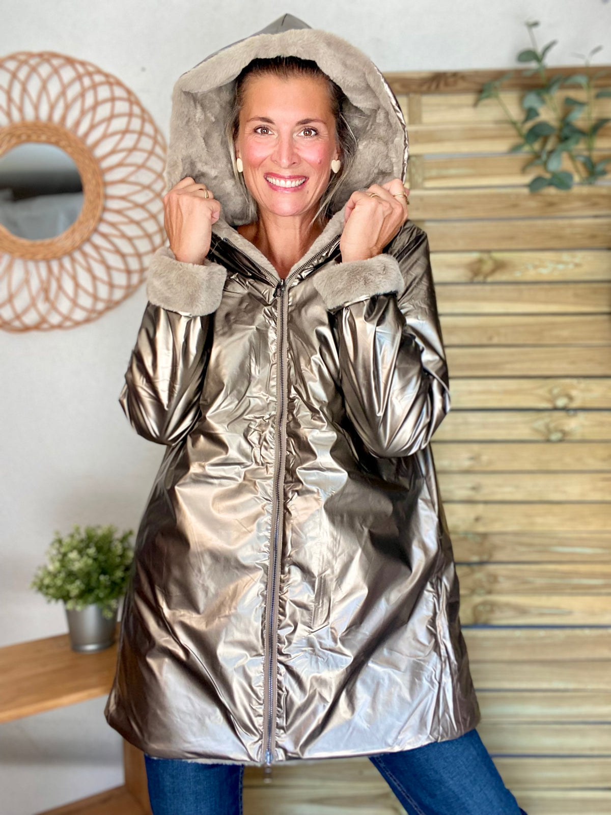 LAURA JO - Parka Imperméable réversible fourrée Bronze / Beige ALIX Long