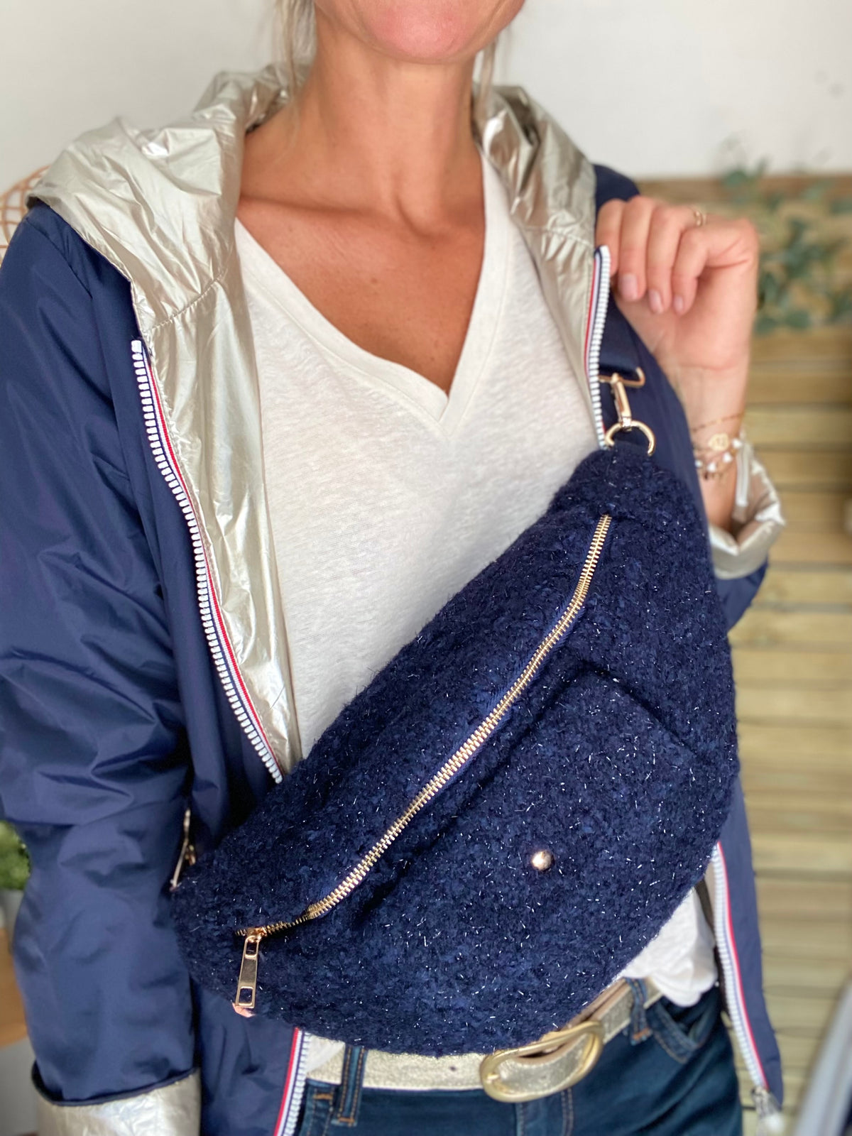 Sac banane XL moumoute lurex avec poche avant - CHELSEA - Marine - FIN DE SÉRIE