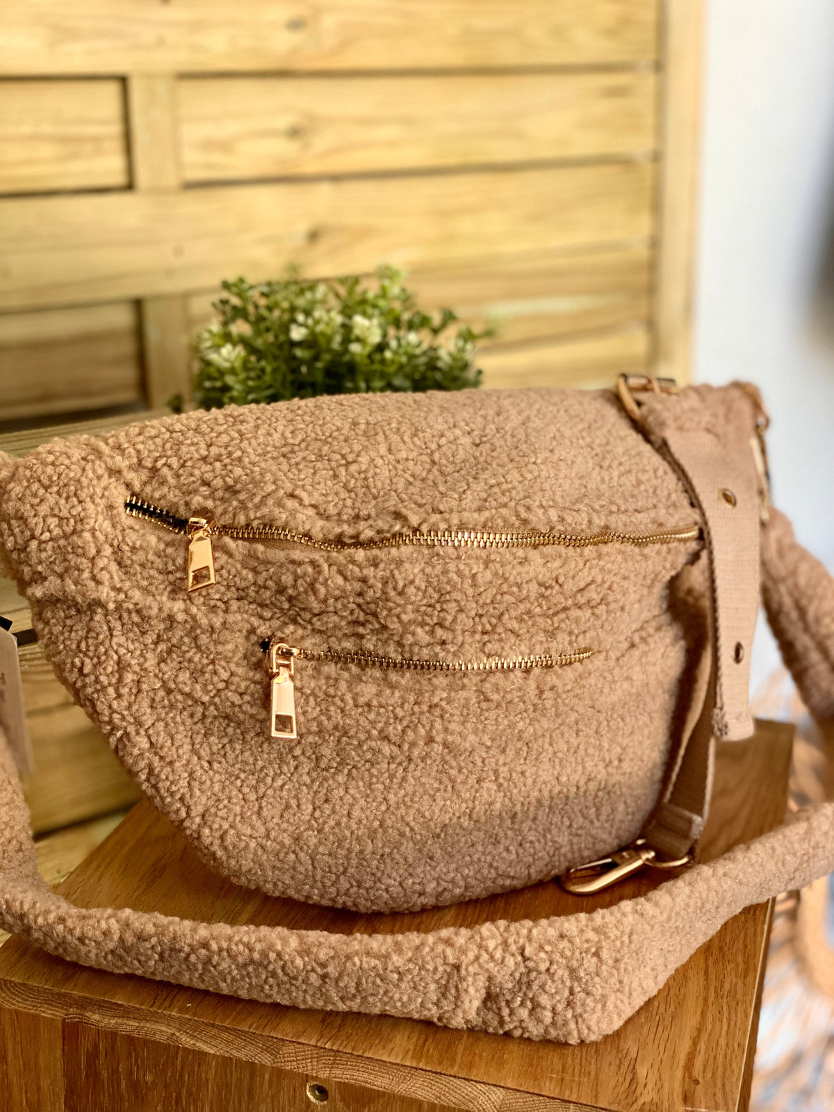 Sac banane XL double poche en moumoute 2 sangles inclues - BILLIE - Beige