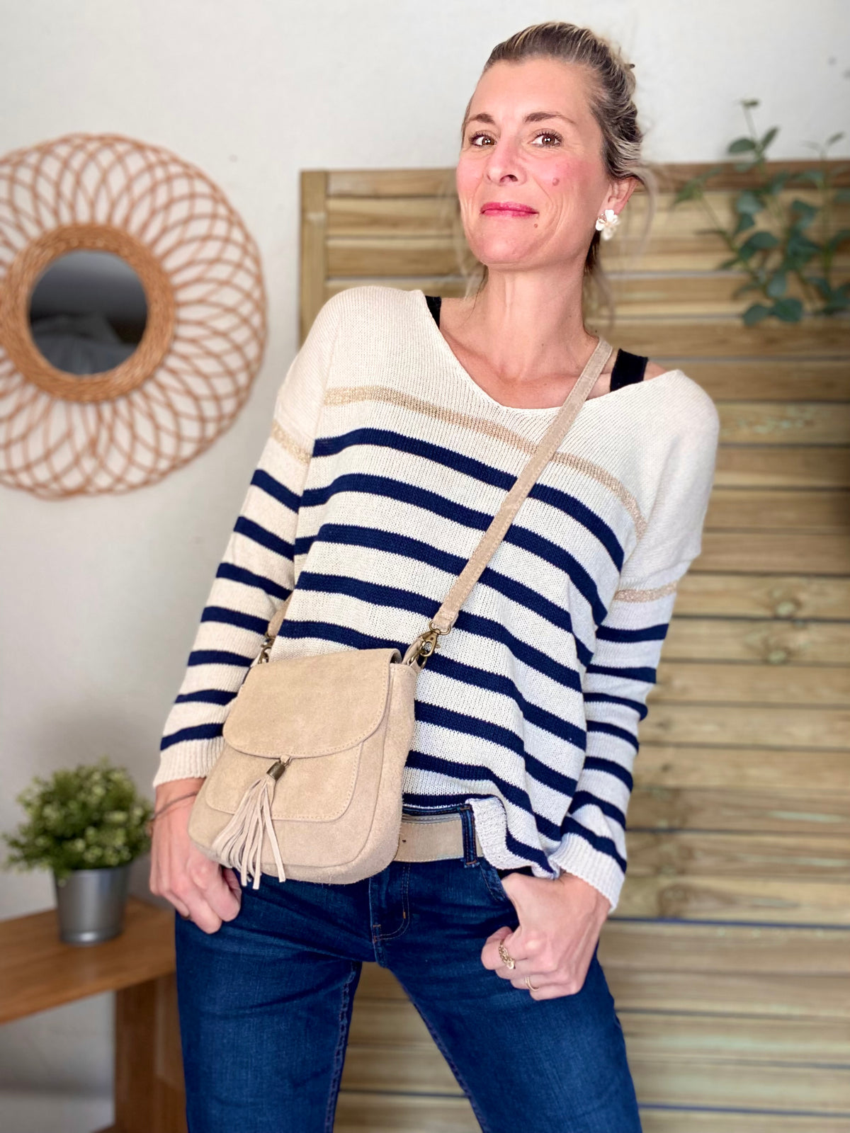 Sac bandoulière en cuir daim HORTENSE - Beige - FIN DE SÉRIE