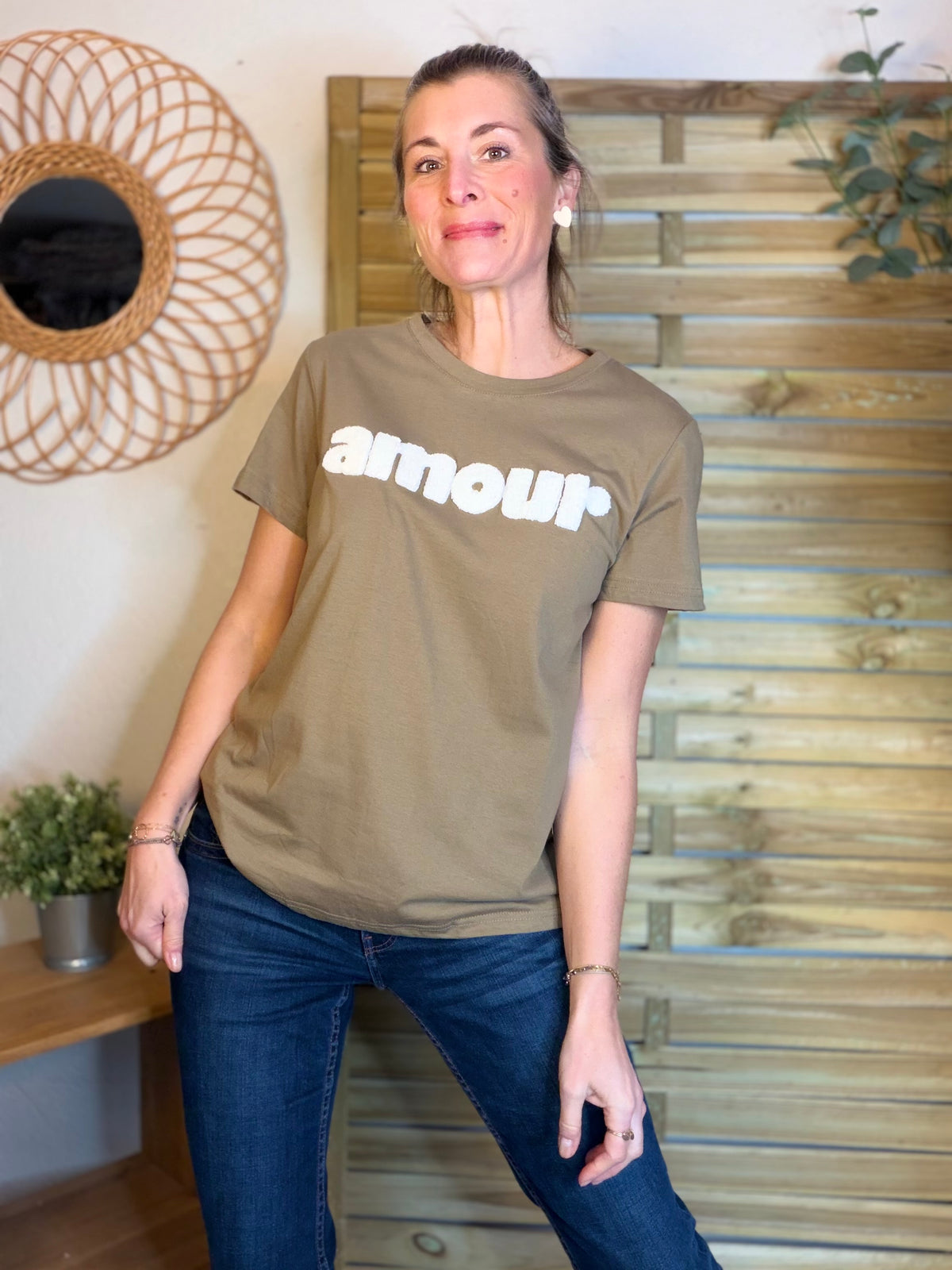 Tee shirt amour MAÏA Kaki/Blanc - FIN DE SÉRIE