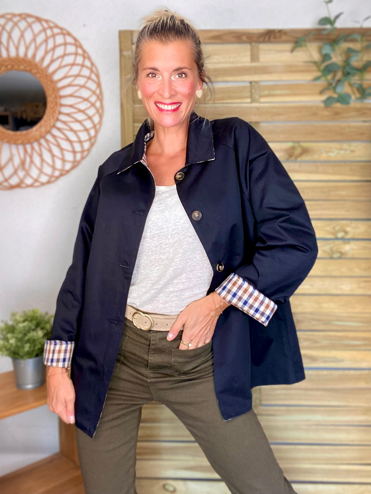 Veste Trench mi long réversible vichy LENA Noir - FIN DE SÉRIE