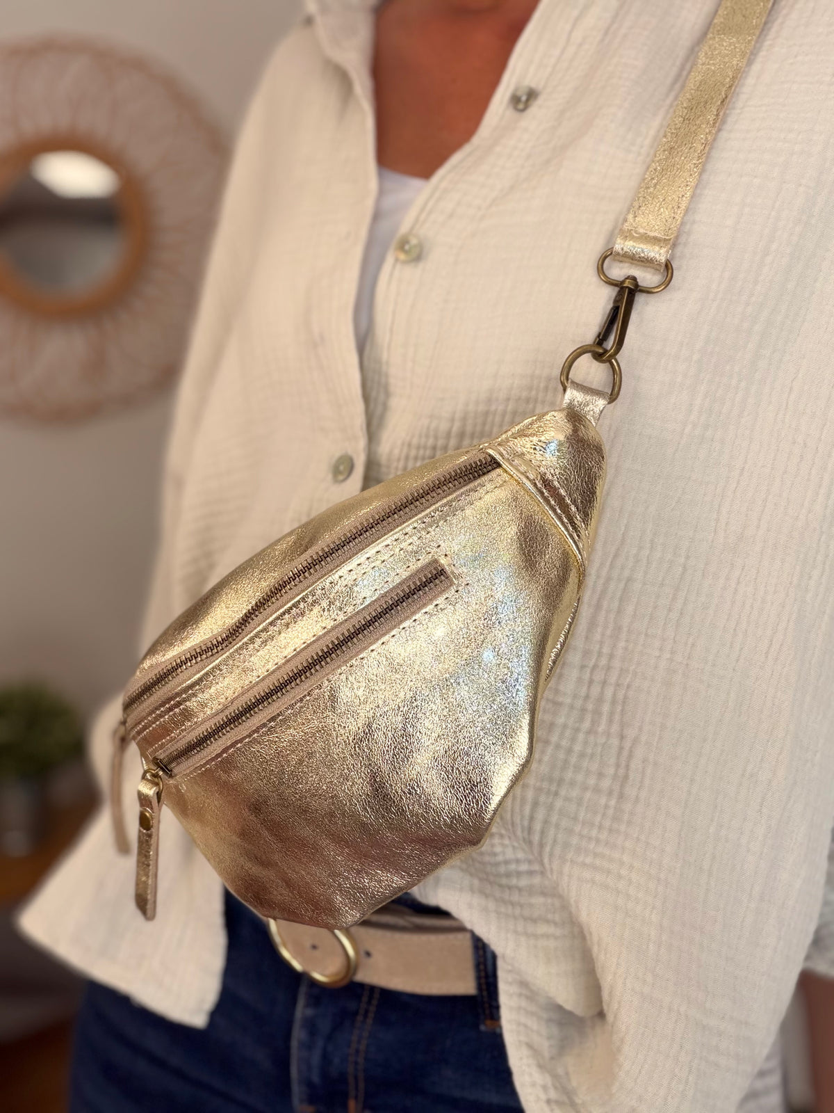 Sac banane en cuir irisé double poche - OPALE - Doré / Laiton