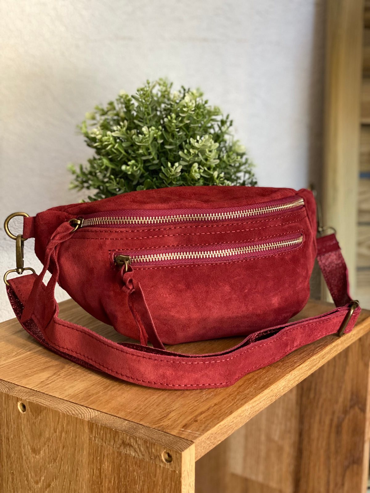Sac banane double poche en cuir daim - OPALINE - Bordeaux