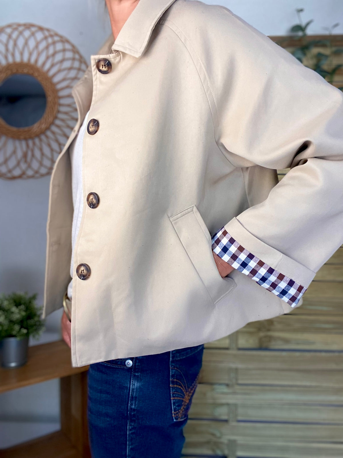 Veste Trench en coton, revers carreaux - YSEULT court Beige