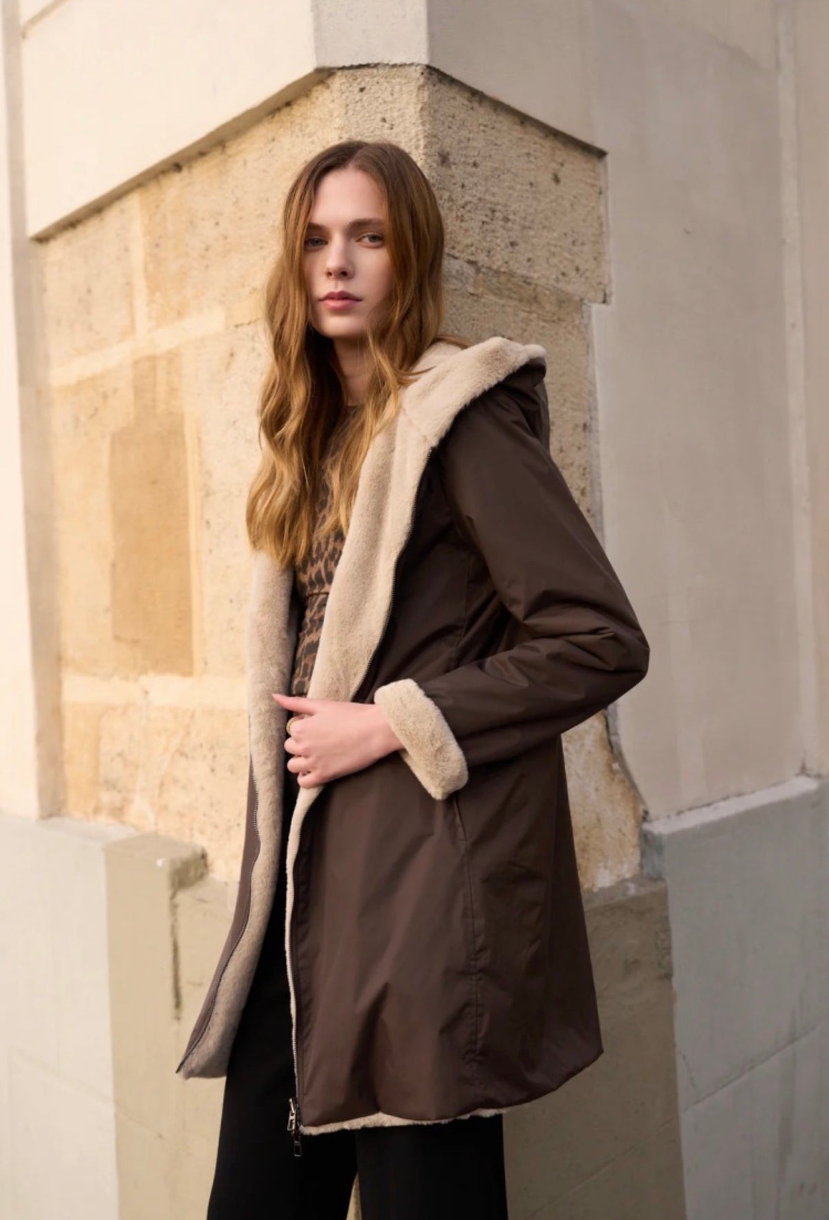 LAURA JO - Parka Imperméable réversible fourrée Chocolat ALIX Long
