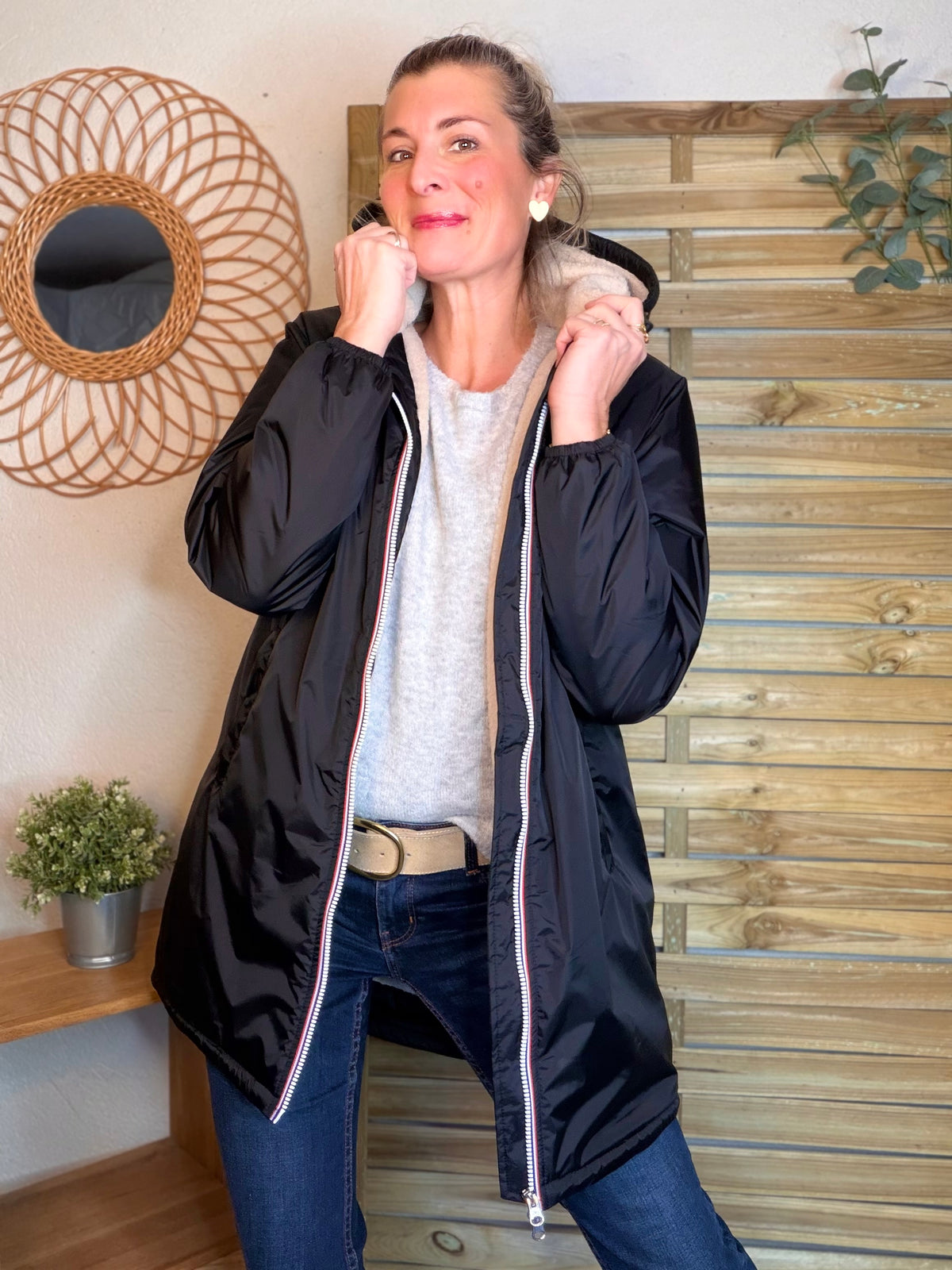 LAURA JO - Parka Imperméable LOUISE LONG Sherpa écru - Noir • DÉSTOCKAGE sur Taille L