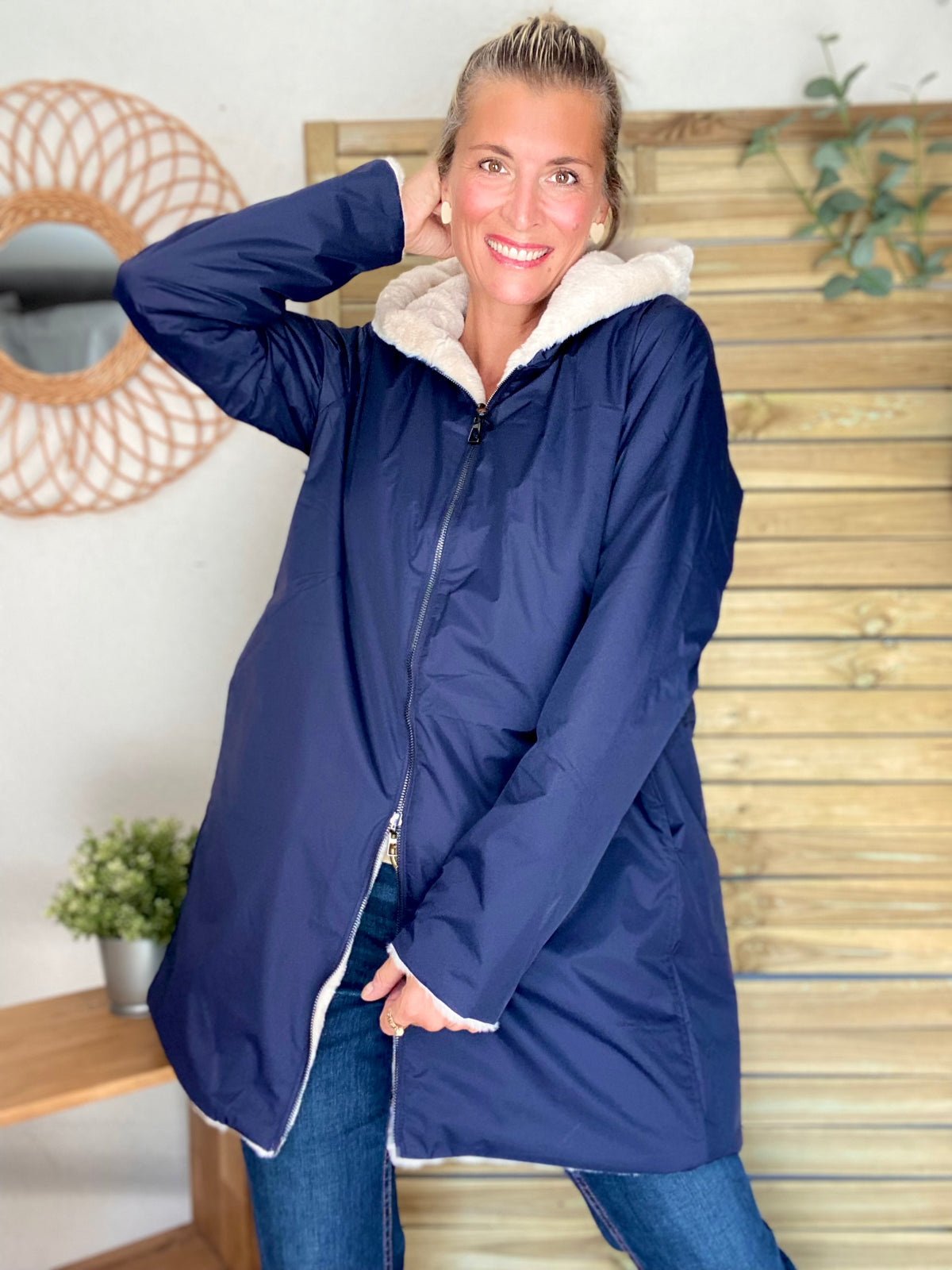 LAURA JO - Parka Imperméable réversible fourrée Bleu marine / Beige ALIX Long