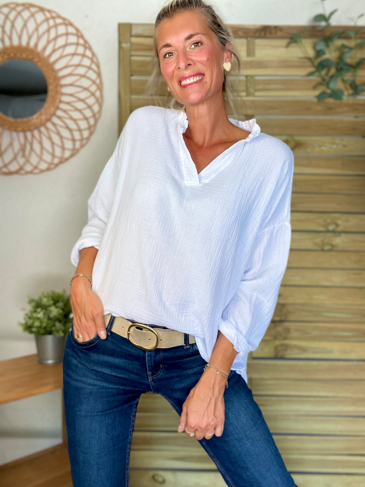 Blouse en gaze de coton SIERRA Blanche - manches longues • FIN DE SÉRIE