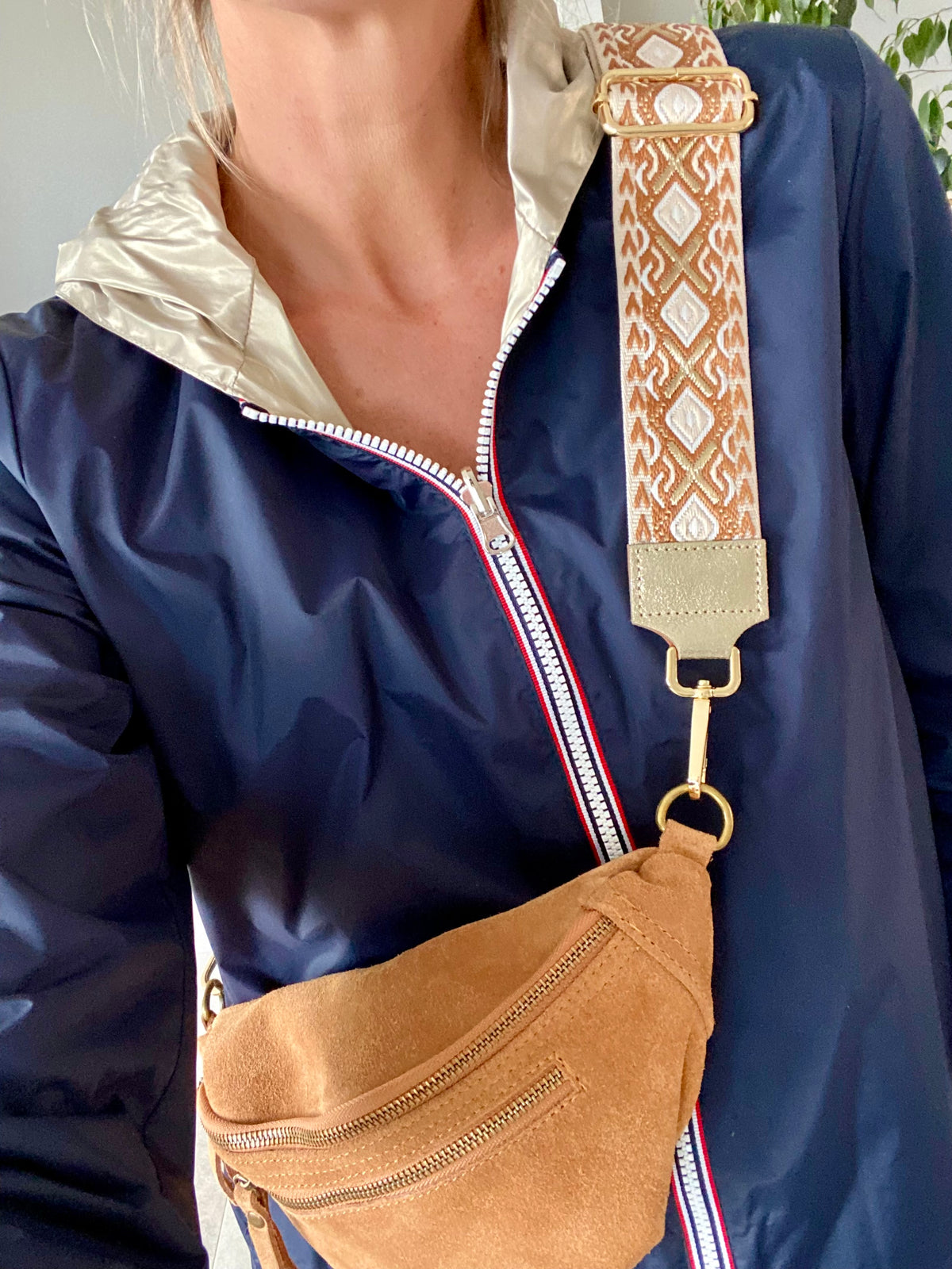 Sac banane double poche en cuir daim - OPALINE - Camel