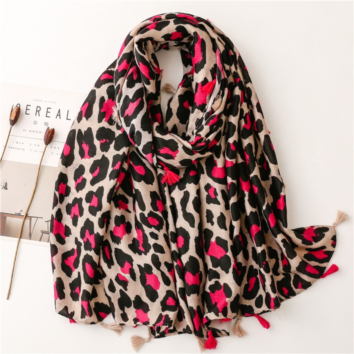 Foulard Léo CLEM - Beige / Fuschia 🐆