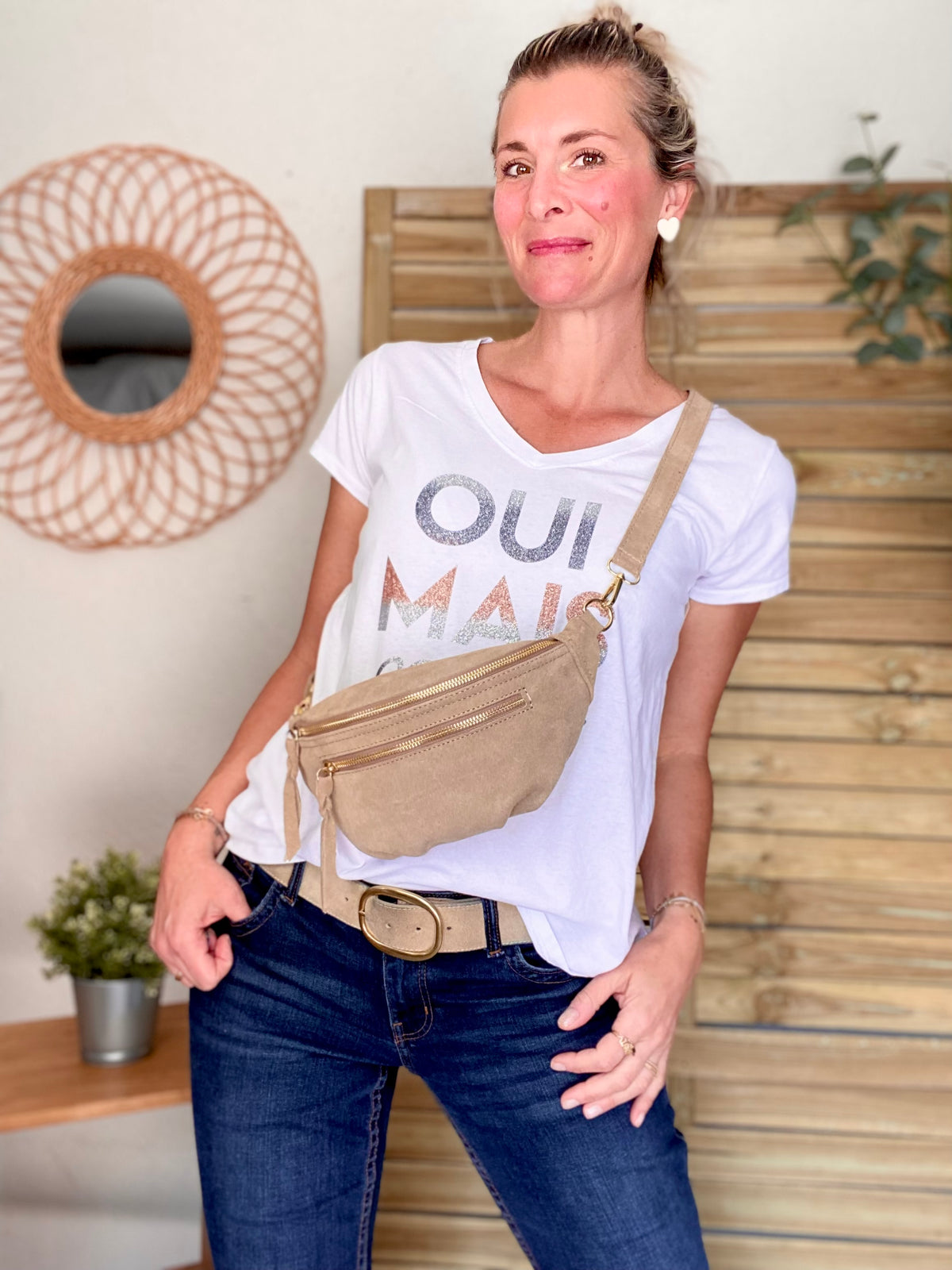 Sac banane double poche en cuir daim - OPALINE - Beige