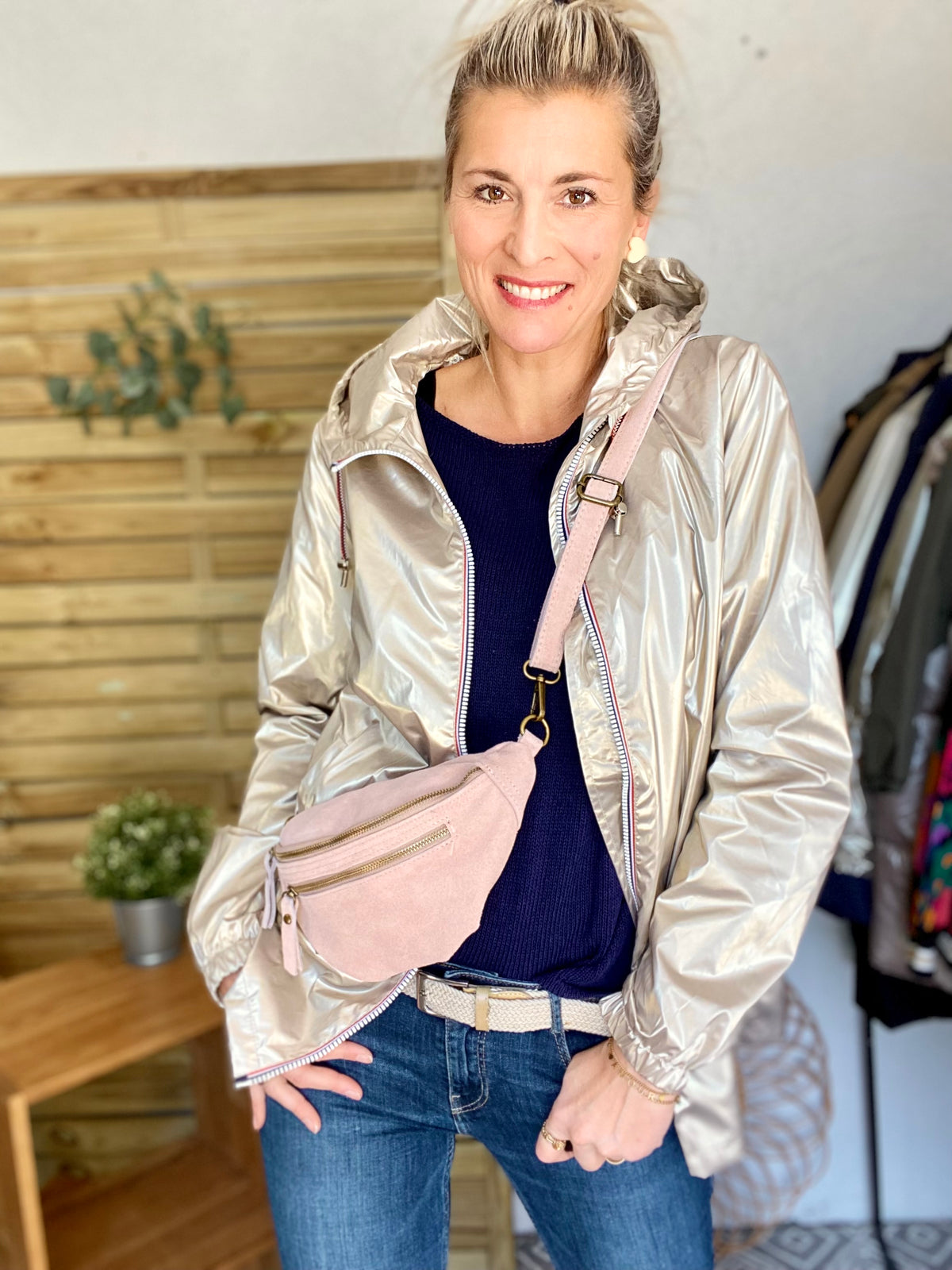 Sac banane double poche en cuir daim - OPALINE - Rose clair / Vieux rose
