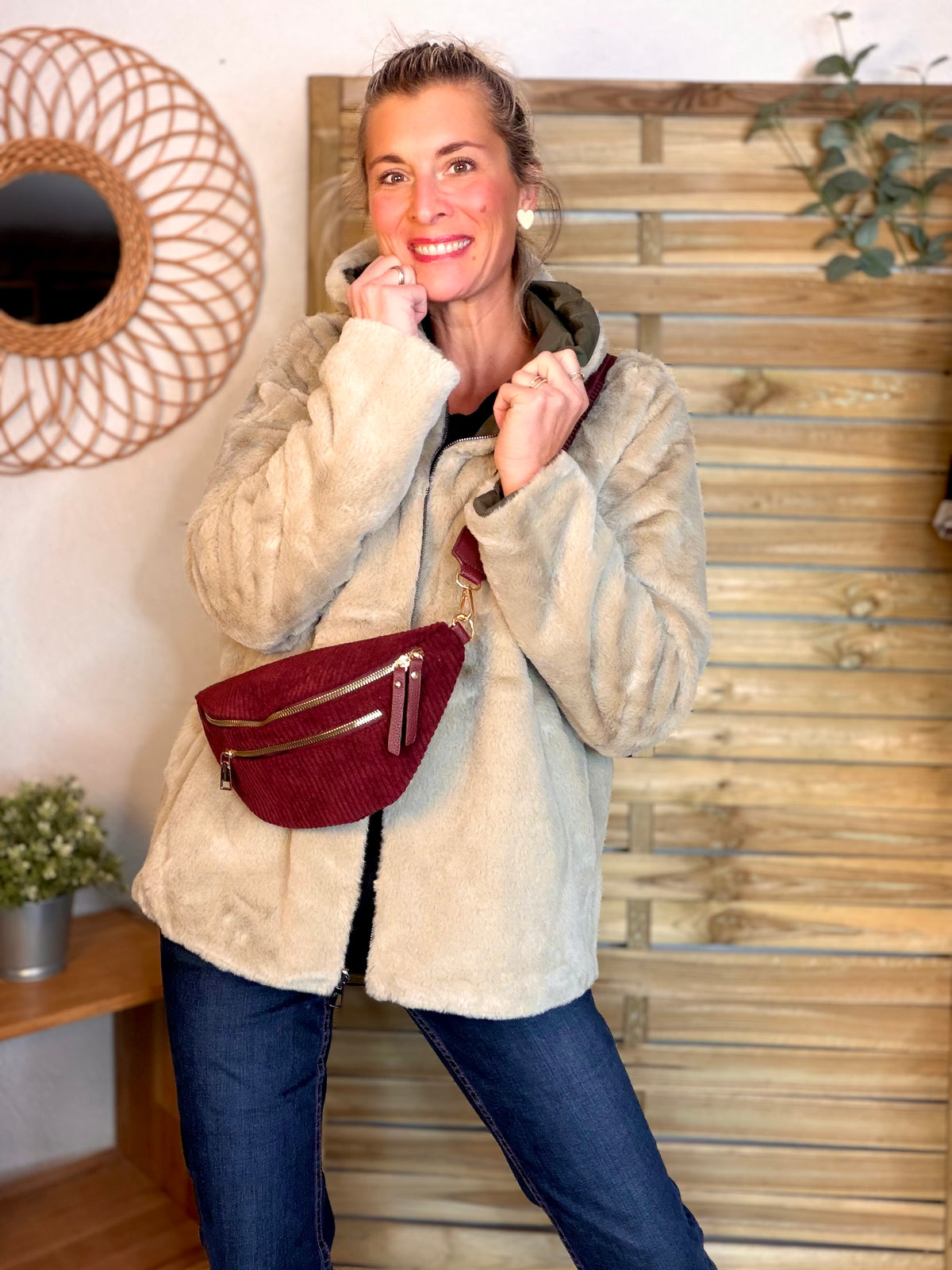 LAURA JO - Parka Imperméable réversible fourrée Kaki / Beige ALIX Court