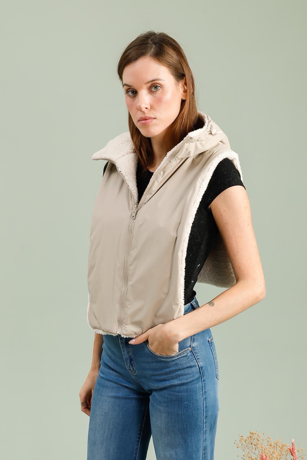 LAURA JO - Col capuche amovible réversible TONY - Beige / Sherpa écru