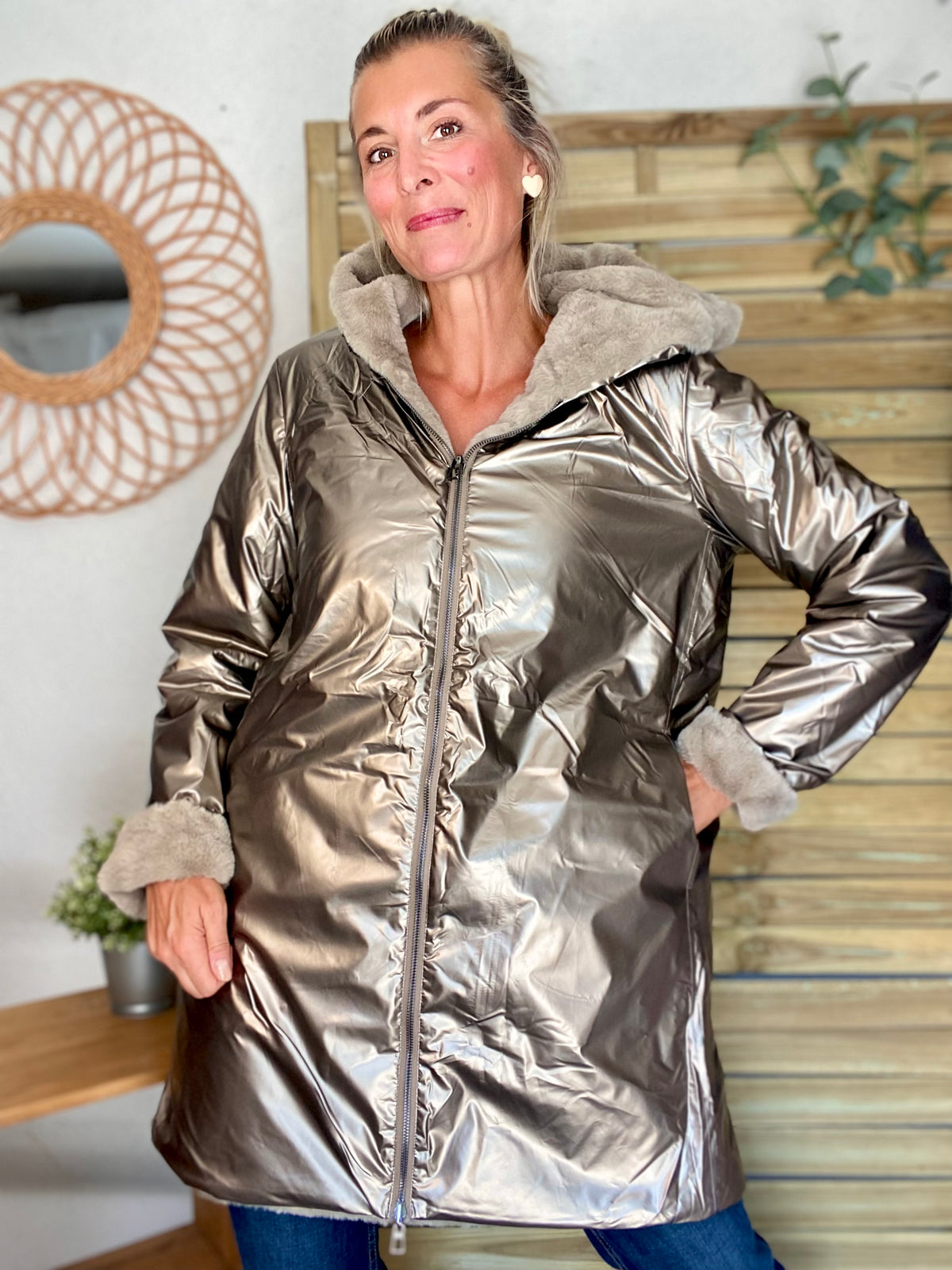 LAURA JO - Parka Imperméable réversible fourrée Bronze / Beige ALIX Long
