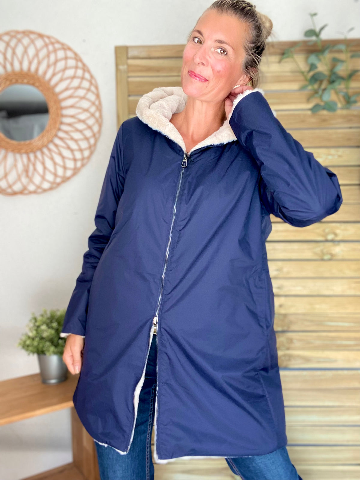 LAURA JO - Parka Imperméable réversible fourrée Bleu marine / Beige ALIX Long