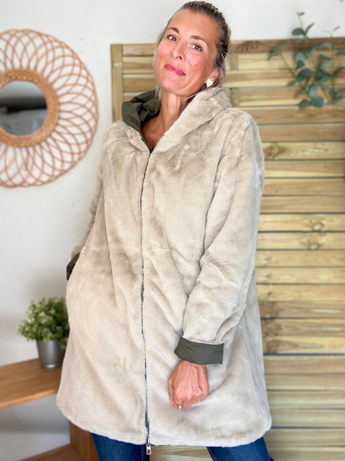 LAURA JO - Parka Imperméable réversible fourrée Kaki / Beige ALIX Long