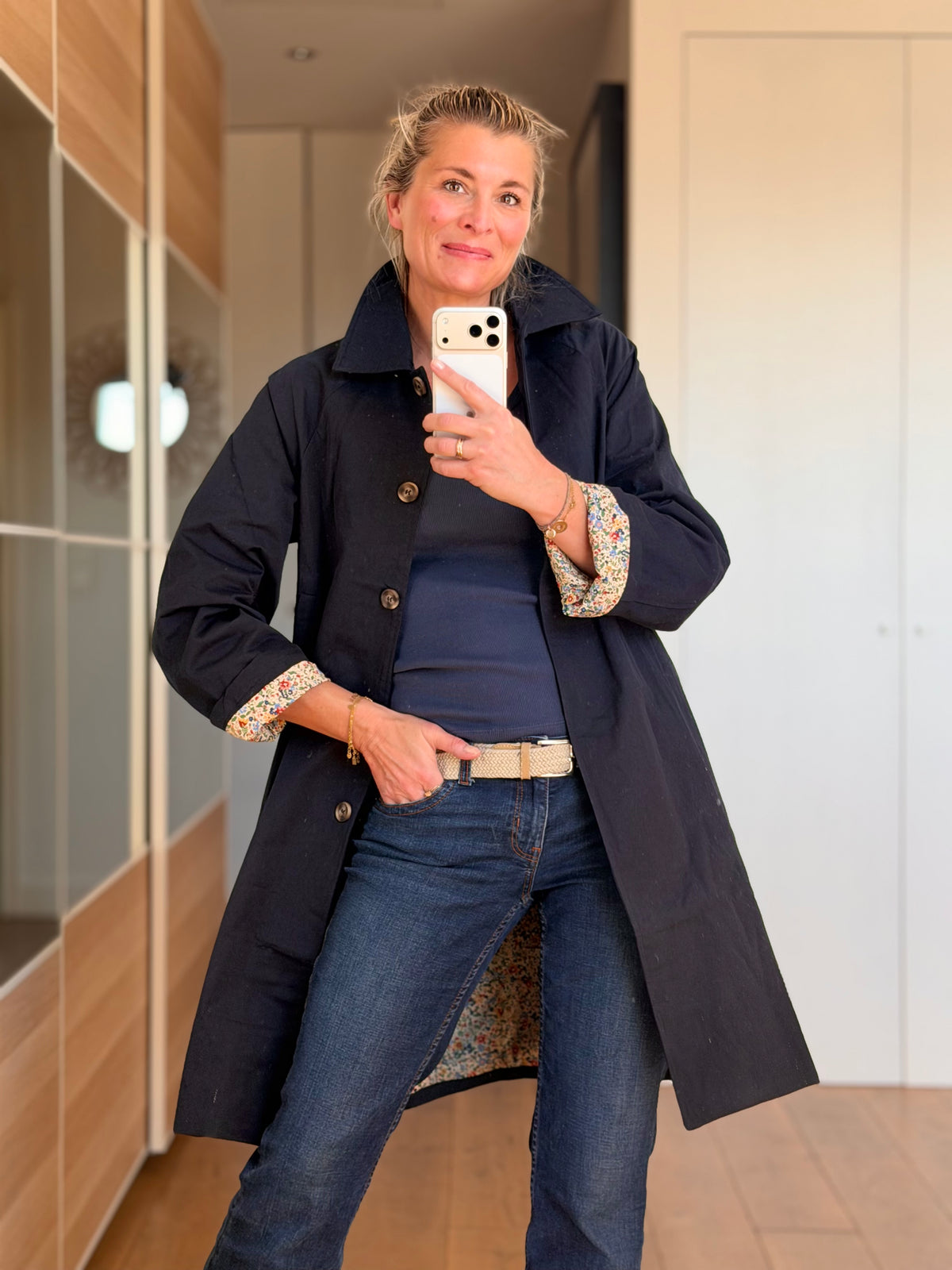 Veste Trench en coton Bleu marine avec Liberty - MAHAUT MI LONG - LILI et LALA (DÉSTOCKAGE sur Taille S)